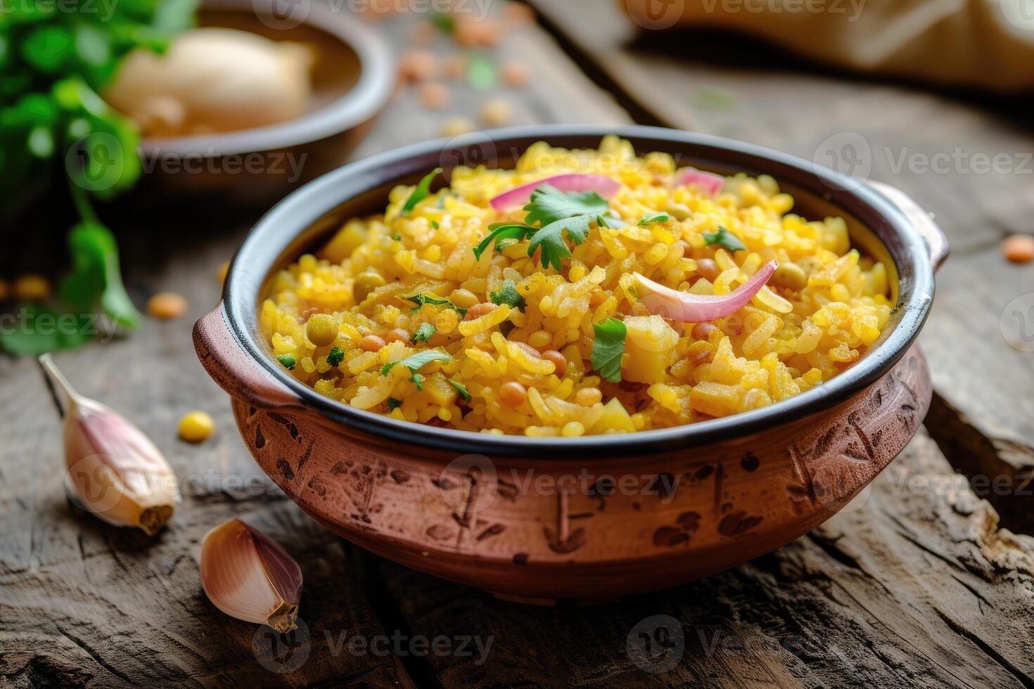 AI generated Khichdi or khichri is a dish in South Asian cuisine made of rice and lentils with numerous variations. generative ai photo