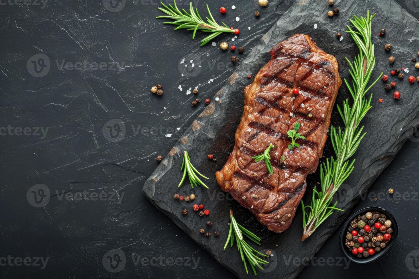 AI generated Roasted beef steak on dark stone background with rosemary herbs. Top view, generative ai photo