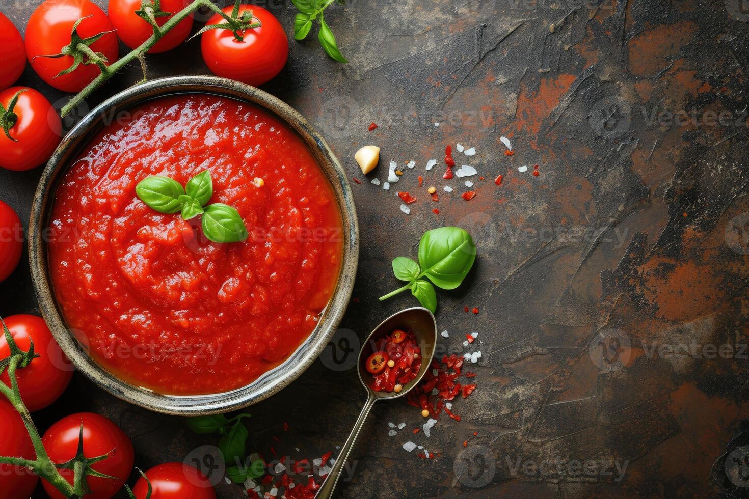 AI generated Homemade Tomato Sauce Passata - Traditional Recipe of Italian Cuisine - Top View with Copy Space. generative ai photo