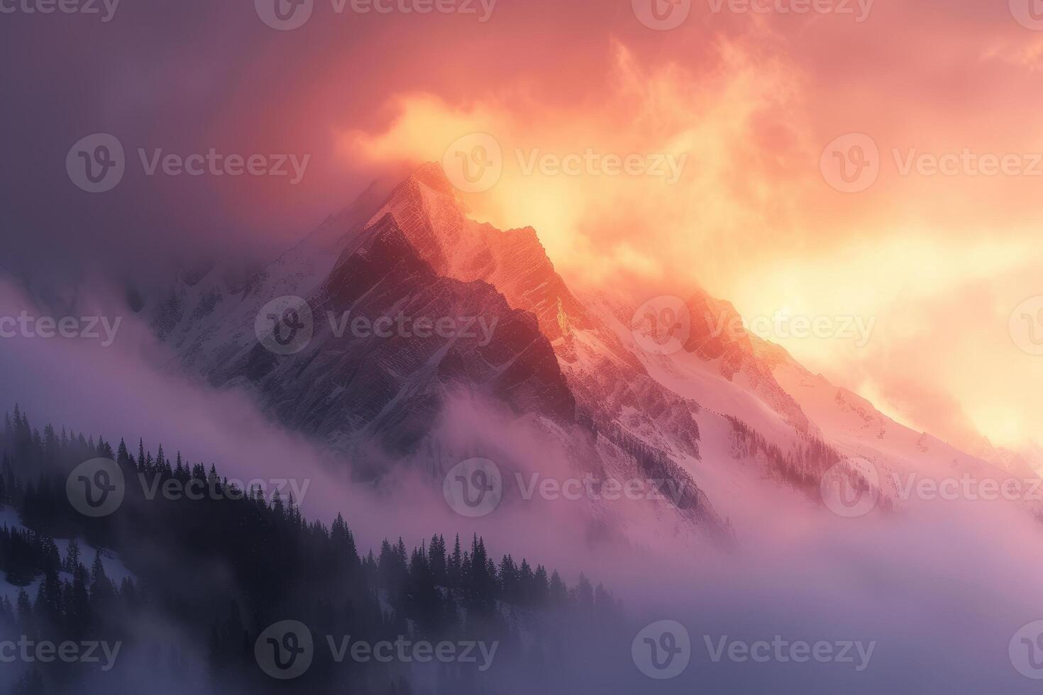 AI generated Ethereal Peaks Sunrise Unfolds in the Mountain Mist. generative ai photo
