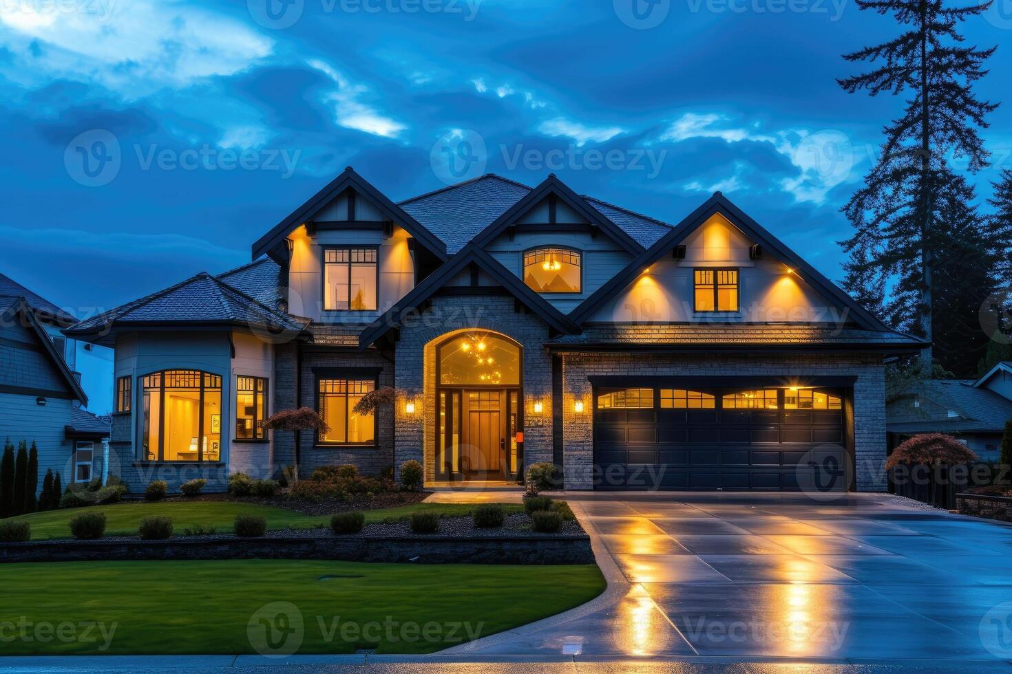 AI generated Beautiful Home Exterior in Evening with Glowing Interior Lights and Landscaping. photo