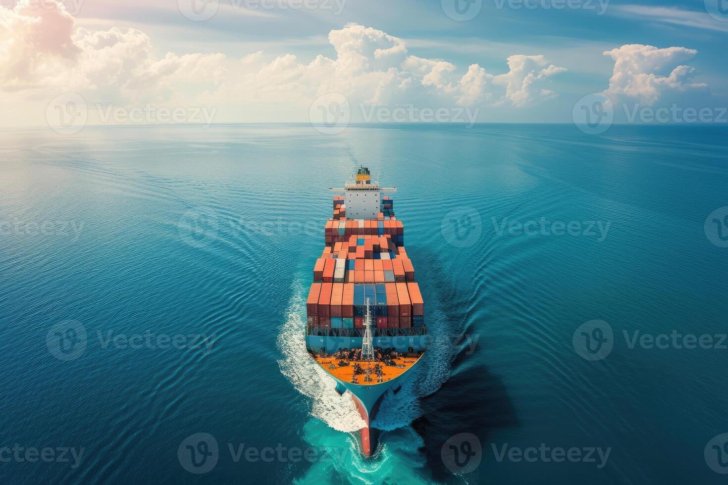 AI generated A loaded container cargo ship is seen ahead above the ocean. generative ai photo