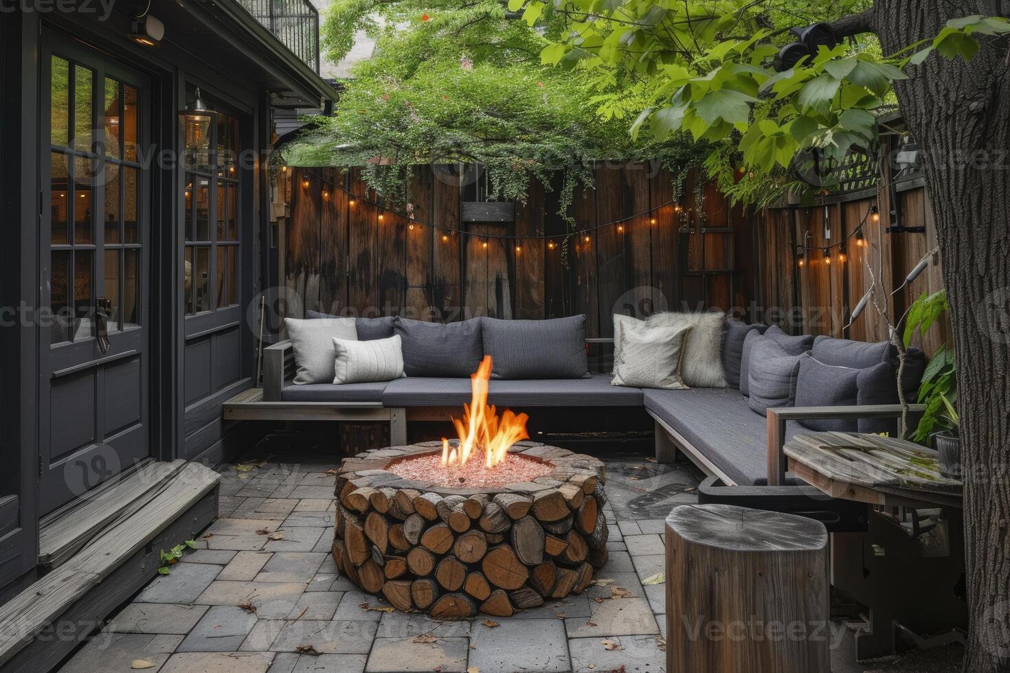 AI generated Morden outdoor patio with a fire pit comfortable seating place photo