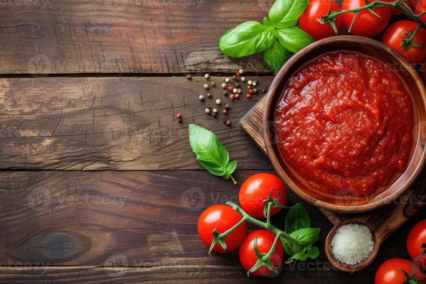 AI generated Homemade Tomato Sauce Passata - Traditional Recipe of Italian Cuisine - Top View with Copy Space. generative ai photo