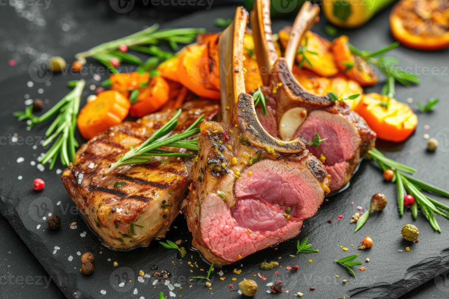 AI generated Grilled rack of lamb with Saute vegetables photo