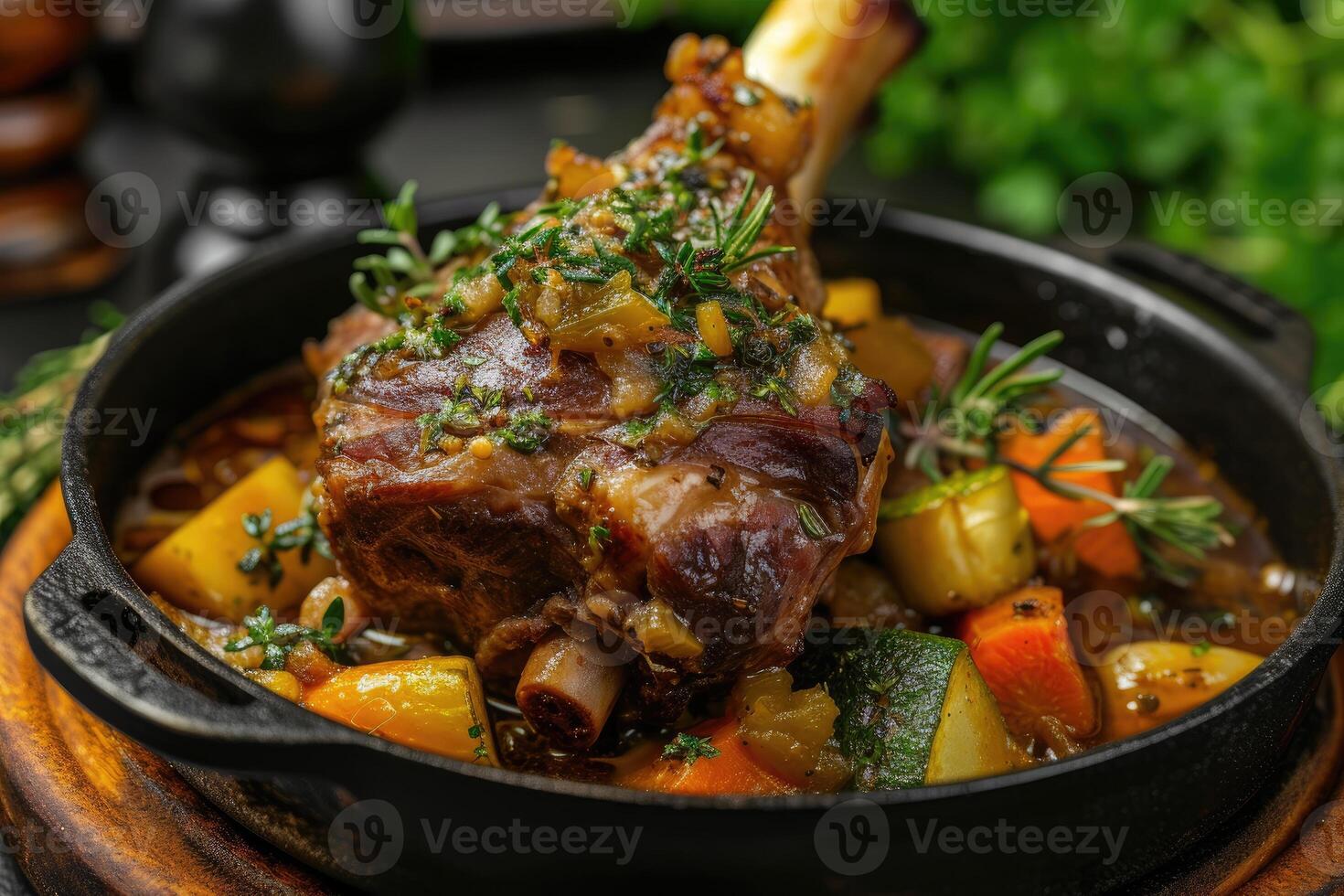 AI generated Braised lamb shank with herbs and vegetables. generative ai photo