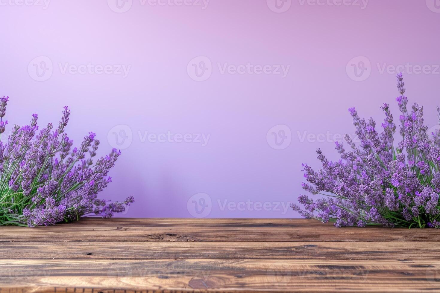 AI generated Empty Wooden Table Top for Product Display with Lavender Background. generative ai photo