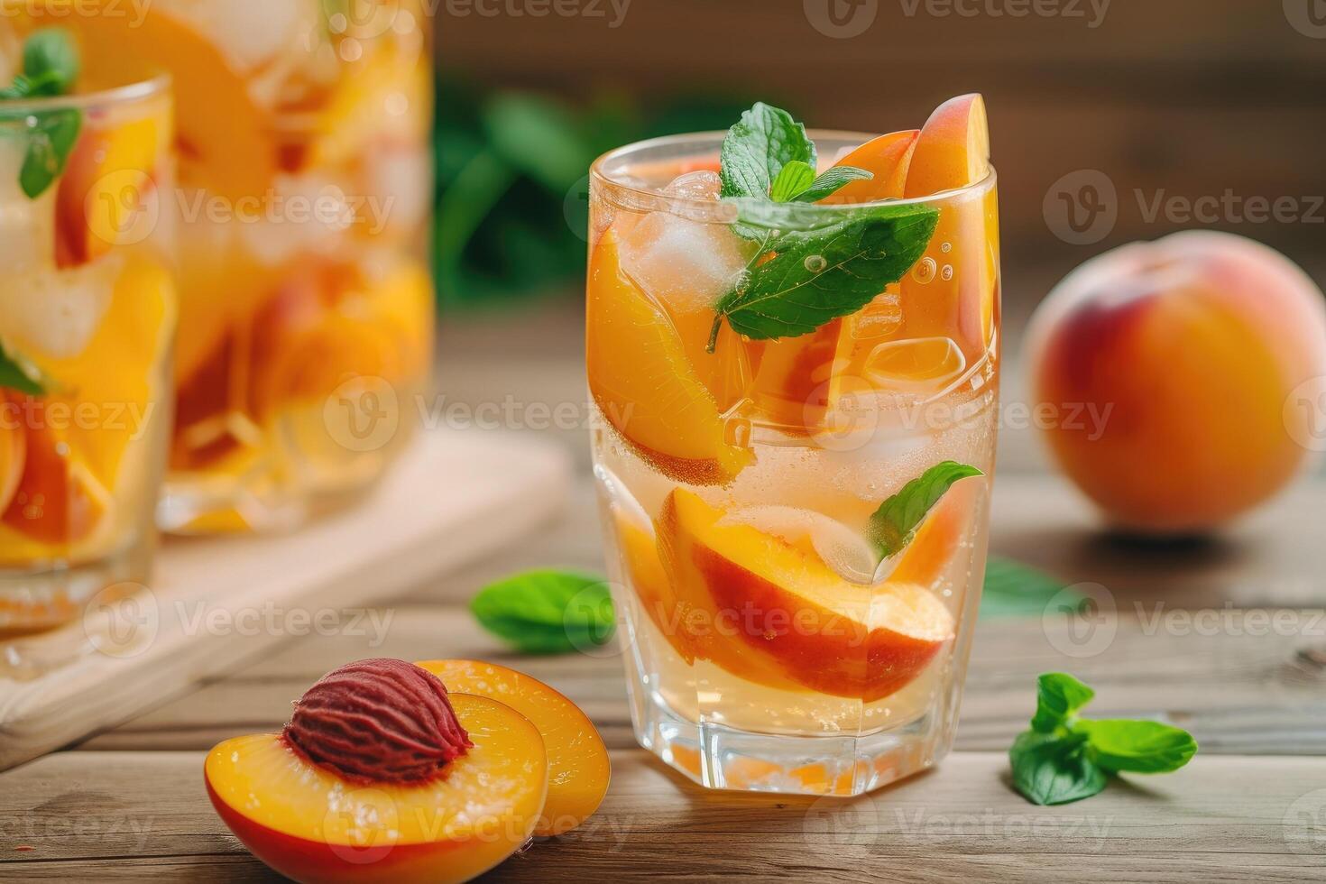 AI generated Refreshing Peach Sangria on wooden kitchen background. generative ai photo