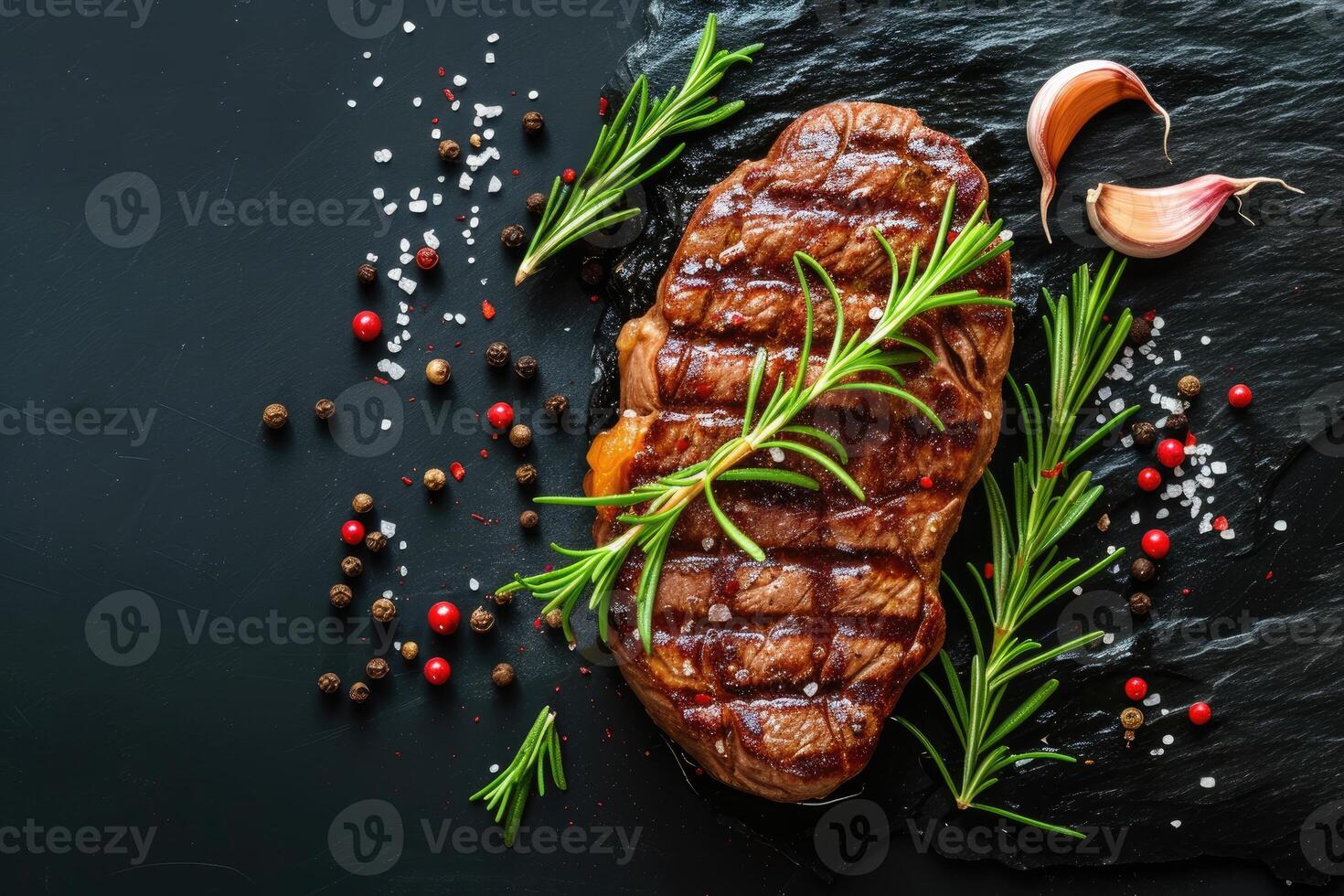 AI generated Roasted beef steak on dark stone background with rosemary herbs. Top view, generative ai photo