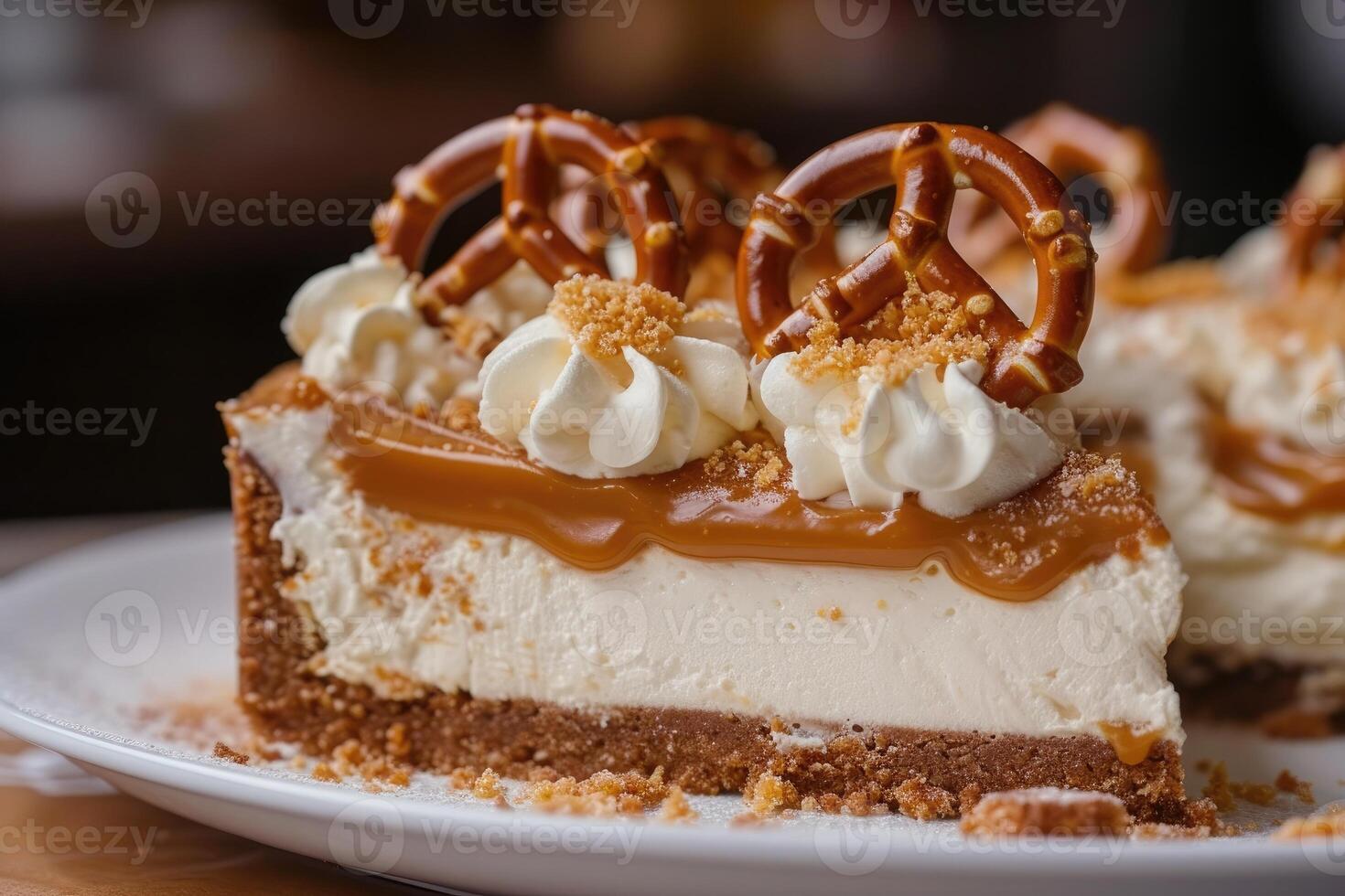 ai generado postre fusión explorador el riqueza de pretzels y caramelo en tarta de queso. generativo ai foto