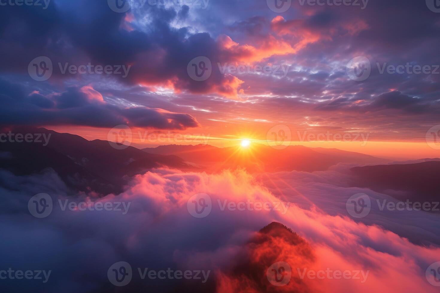 AI generated Ethereal Peaks Sunrise Unfolds in the Mountain Mist. generative ai photo