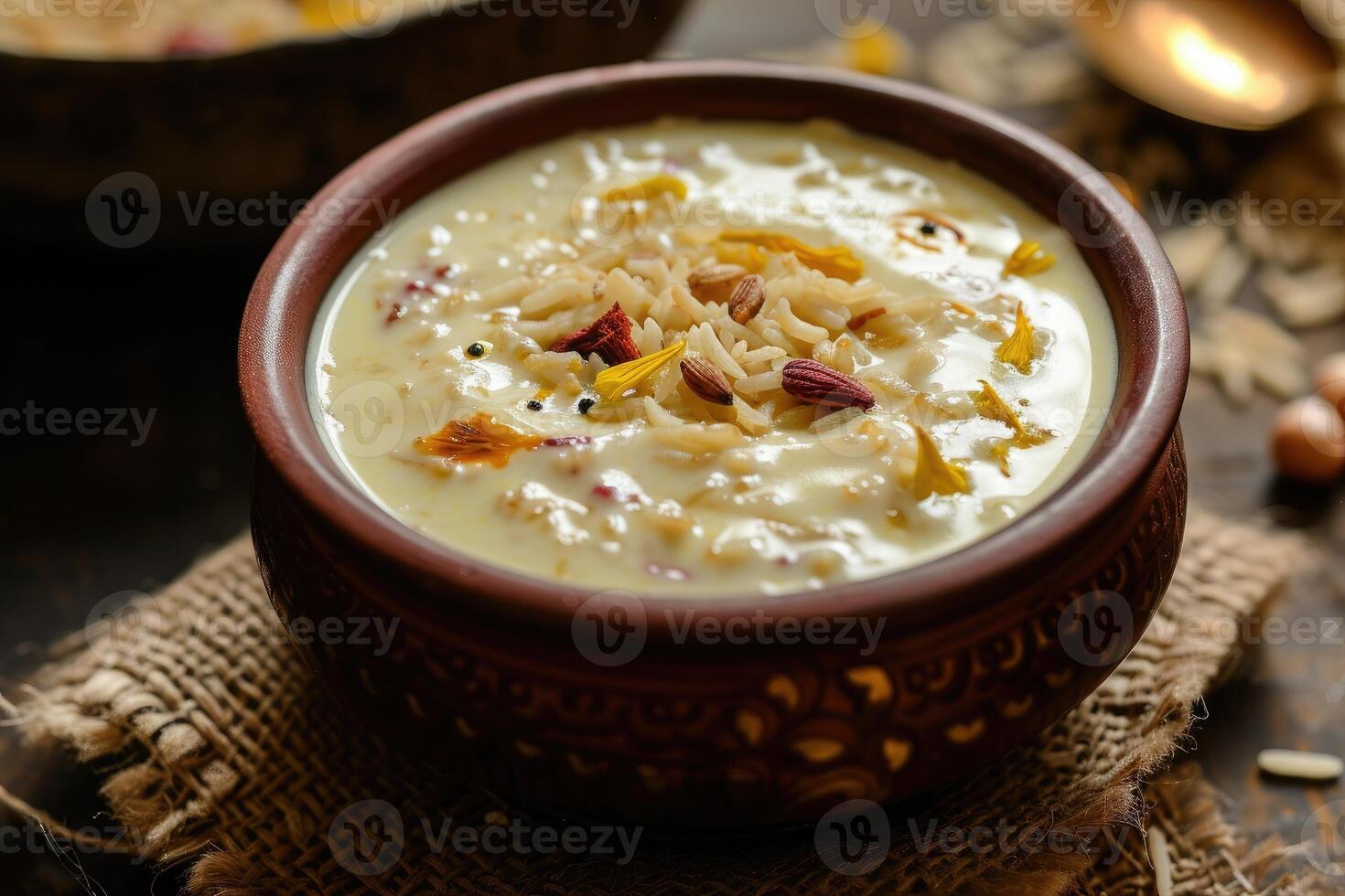 AI generated Kheer,payasam, A creamy and sweet rice pudding Indian dish, made by boiling milk, sugar or jaggery, and rice. generative ai photo