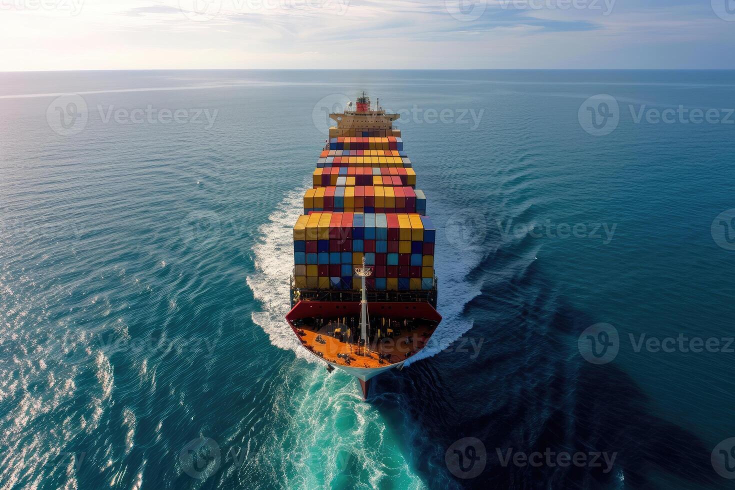 AI generated A loaded container cargo ship is seen ahead above the ocean. generative ai photo