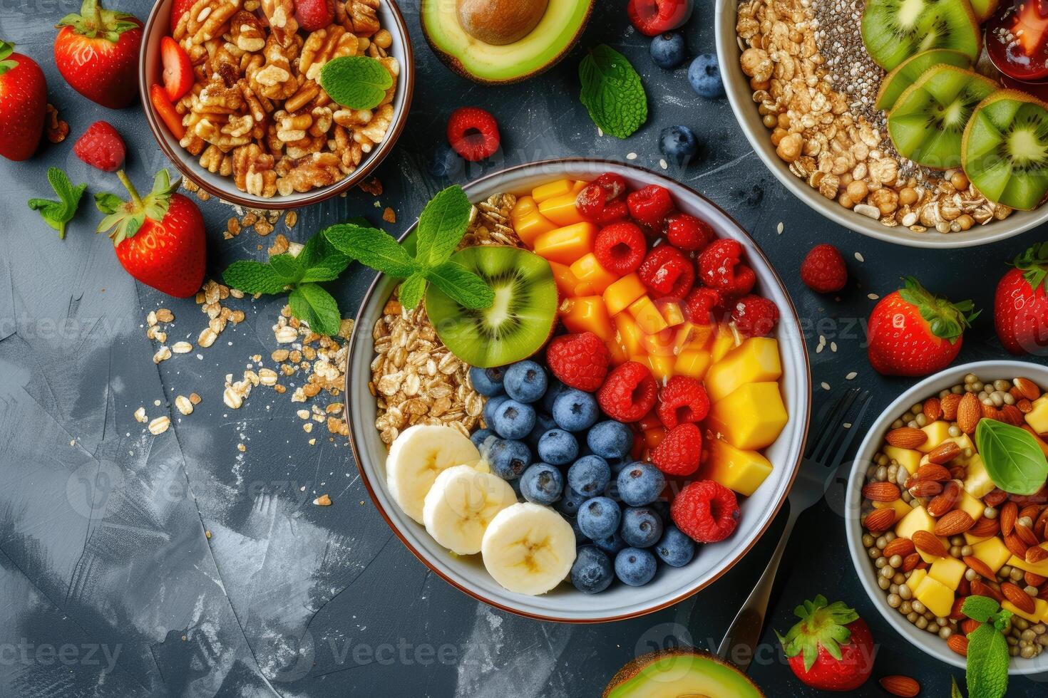 AI generated Breakfast Vegan Bowls, Flat Lay View. generative ai photo