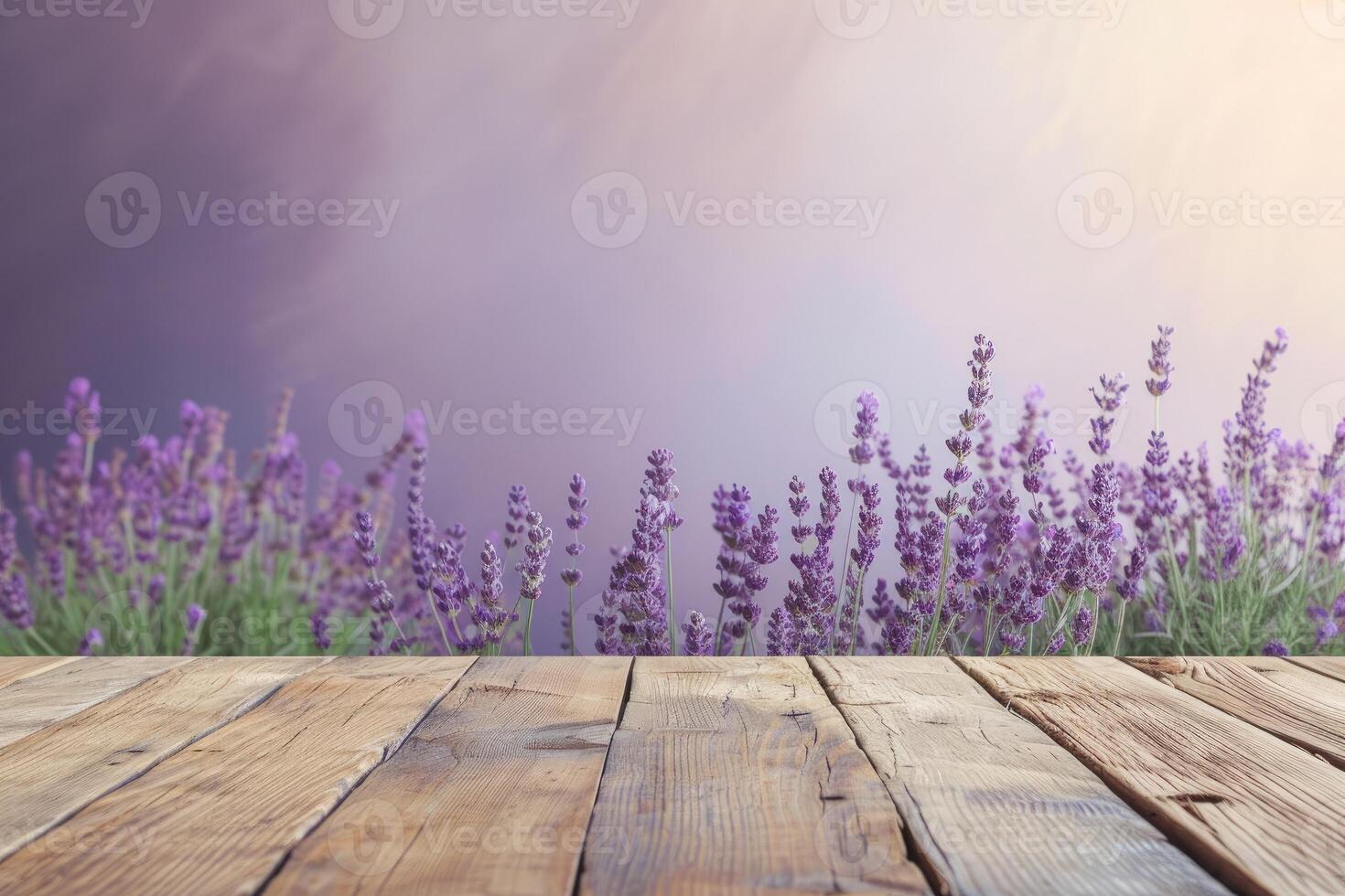 AI generated Empty Wooden Table Top for Product Display with Lavender Background. generative ai photo