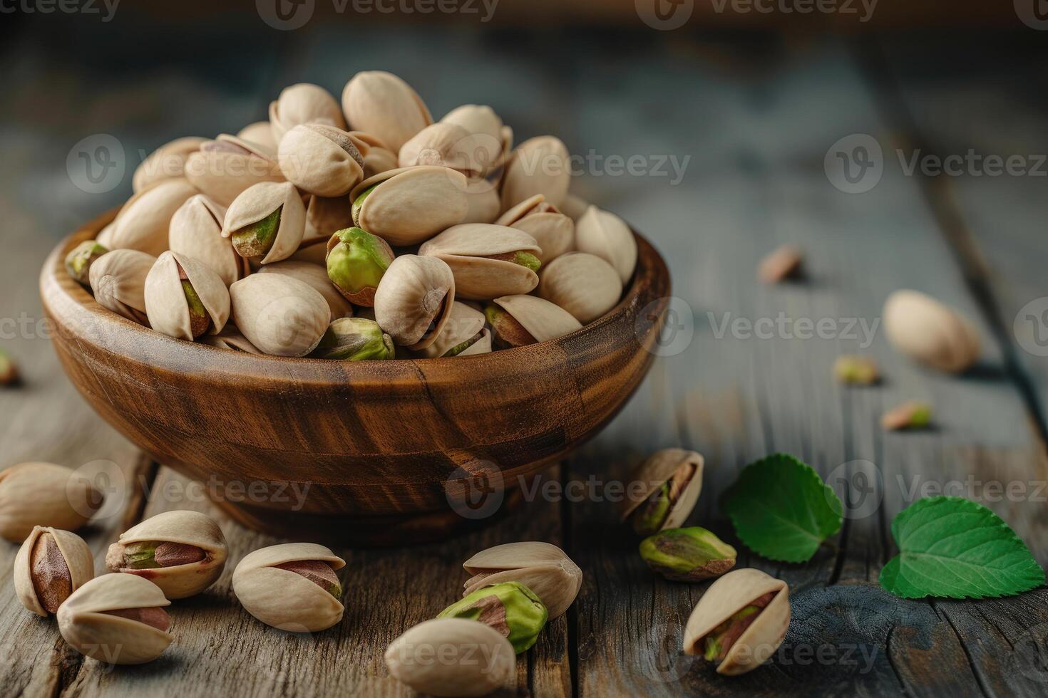 AI generated Crunchy Pleasures, Pistachios Nestled in a Wooden Bowl. generative ai photo