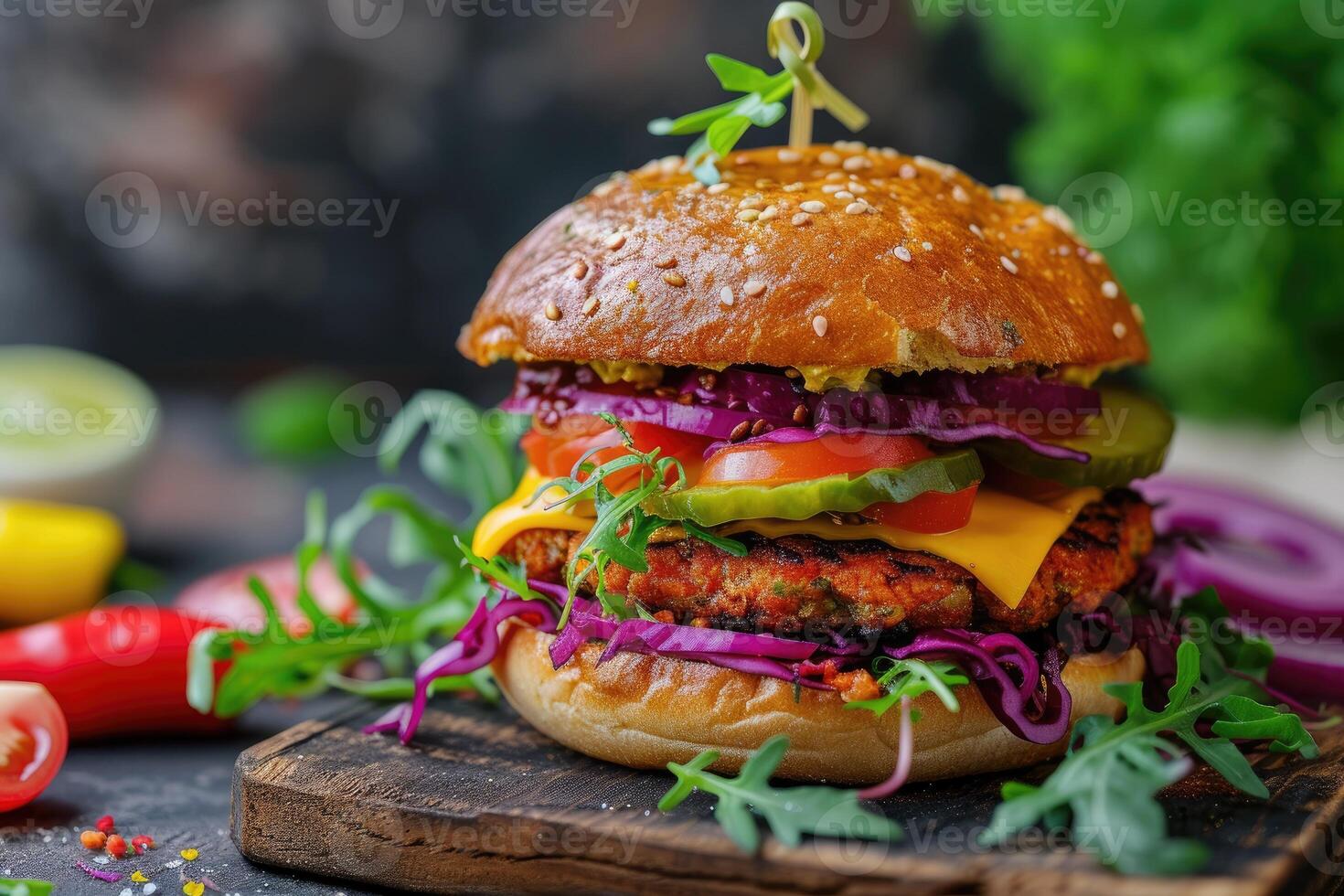 AI generated Avocado Sandwich with Vegan Burger, Roast Yellow Pepper and Pickled Red Cabbage. Selective Focus. generative ai photo