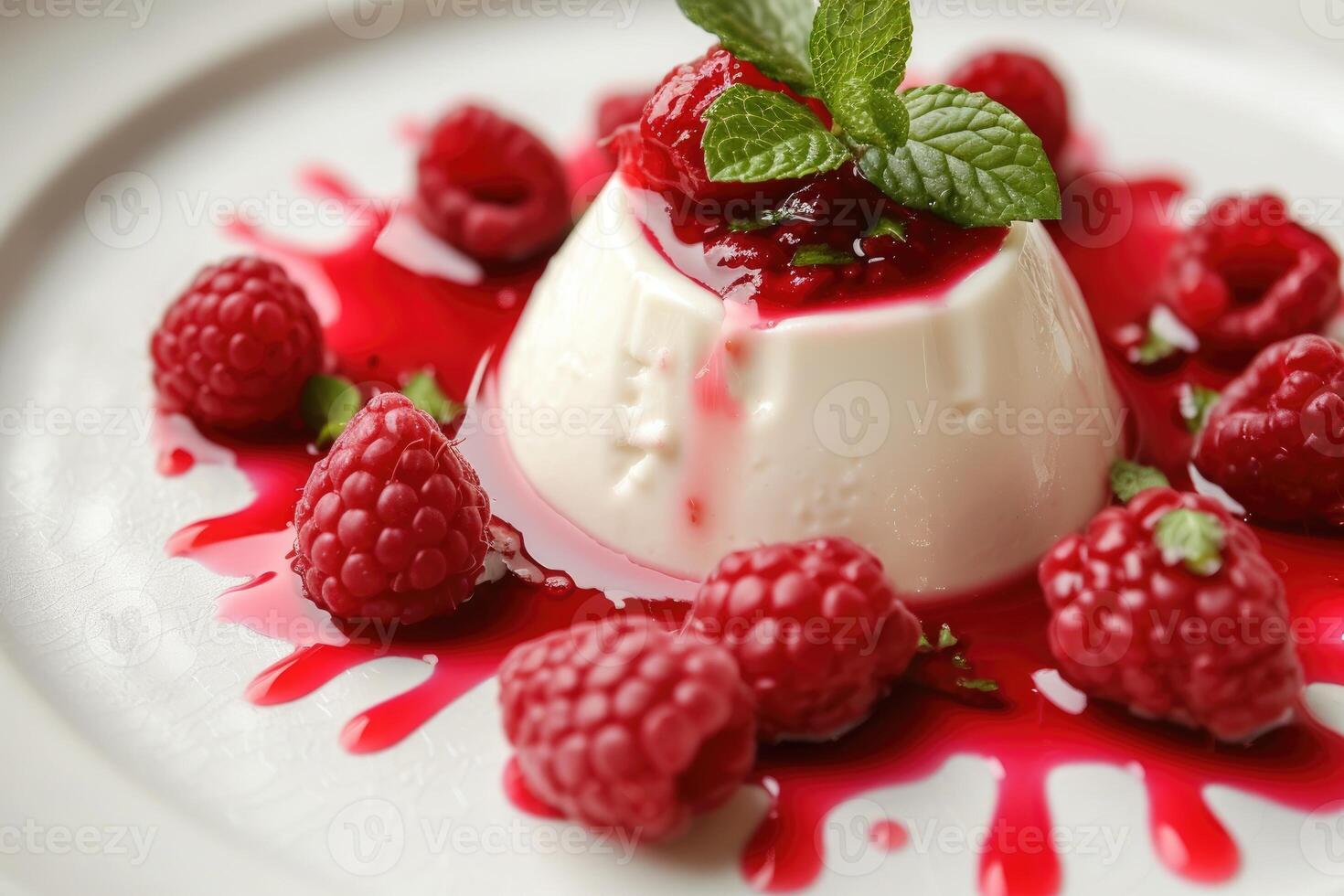 AI generated Panna cotta with raspberries sauce and fresh mint. generative ai photo