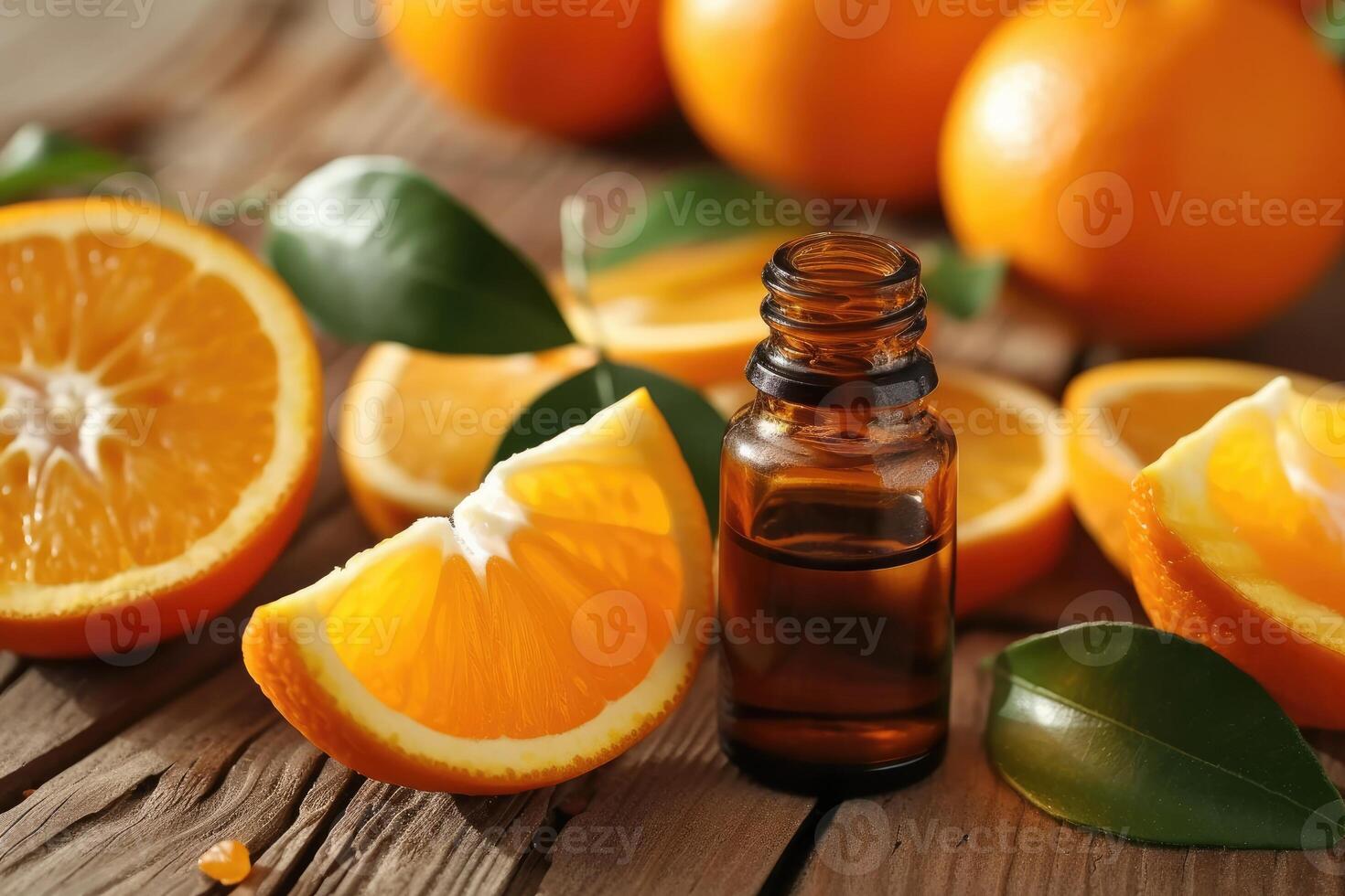 AI generated Orange essential oil with fresh sliced orange fruits. generative ai photo