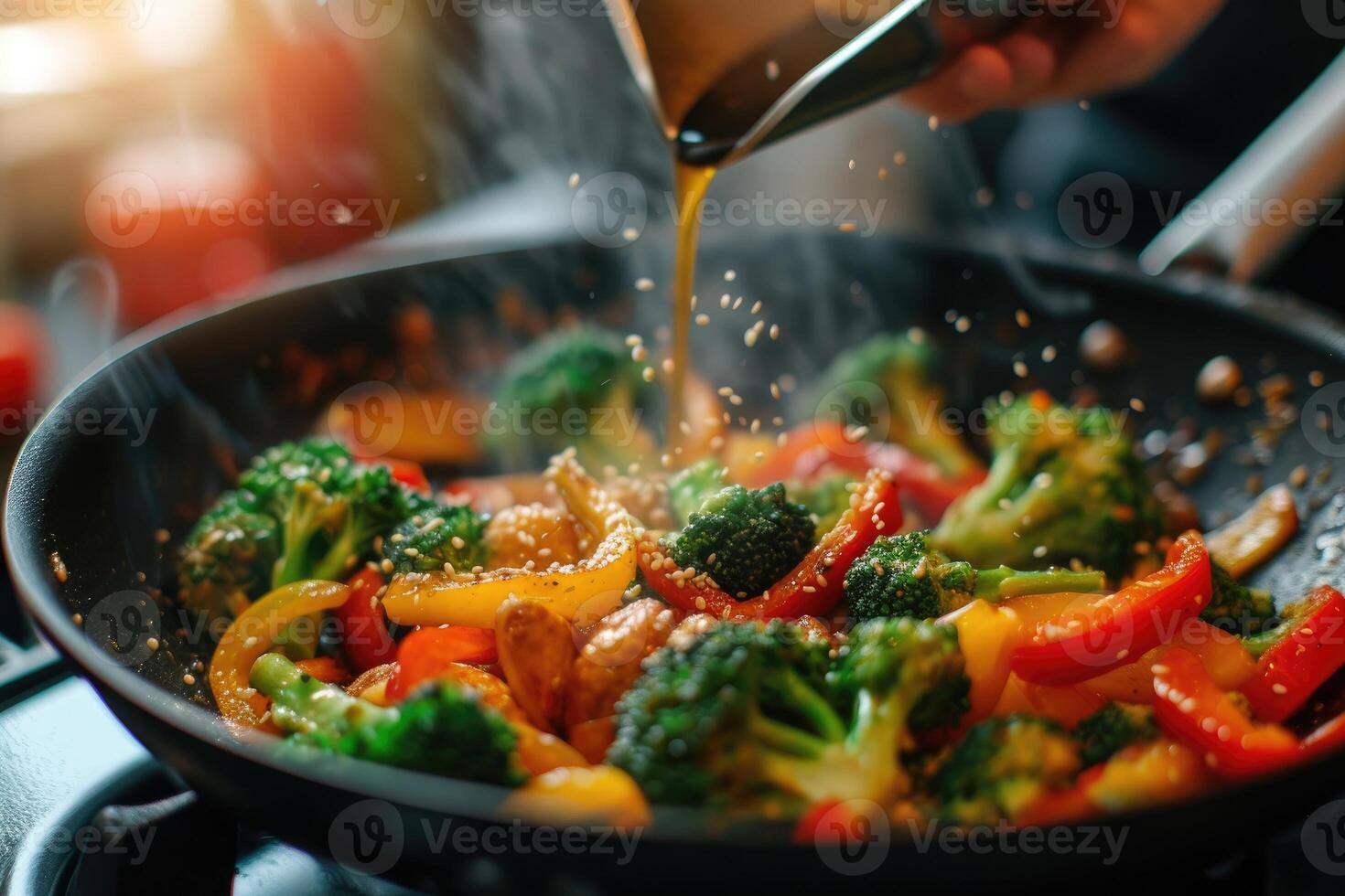 AI generated Stir-fry the broccoli with the sauce poured over photo