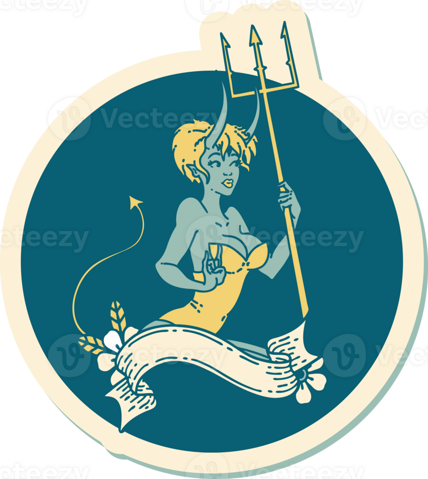 sticker of tattoo in traditional style of a pinup devil girl with banner png