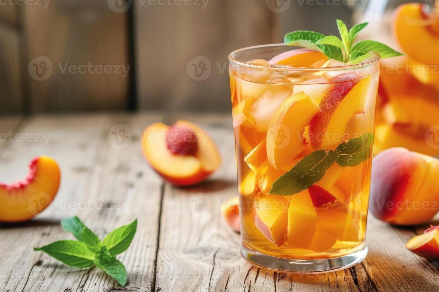 AI generated Refreshing Peach Sangria on wooden kitchen background. generative ai photo