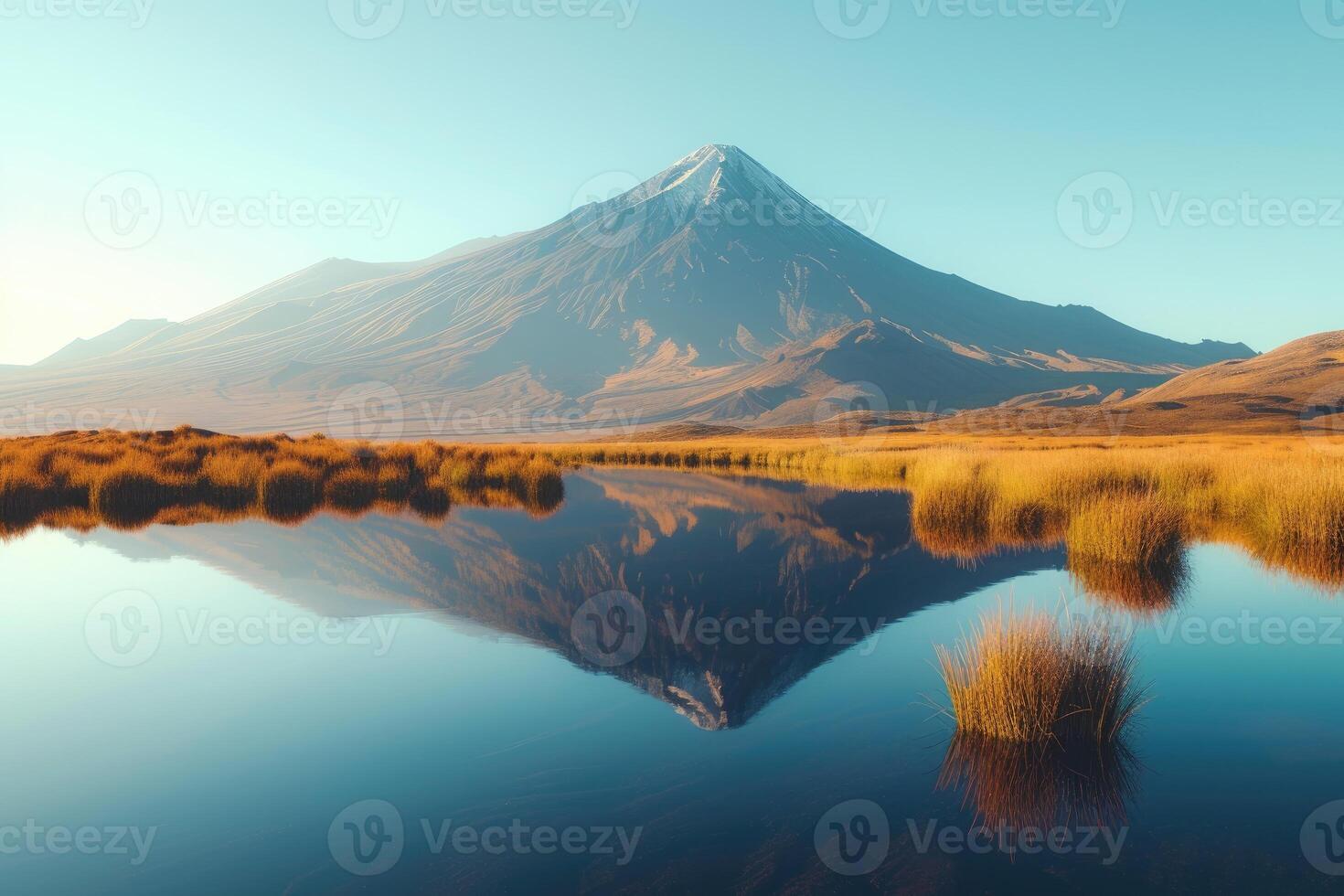 ai generado volcánico montaña en Mañana ligero reflejado en calma aguas de lago. generativo ai foto