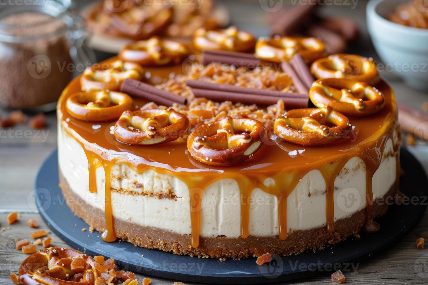 AI generated Salty Sweet Symphony, Delighting in Salted Caramel Pretzel Cheesecake. generative ai photo