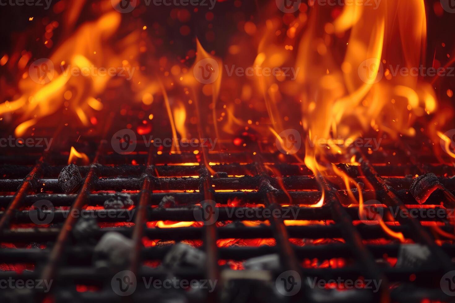 AI generated Hot Empty Portable Barbecue Bbq Grill with Flaming Fire and Ember Charcoal on Black Background. Waiting for The Placement of Your Food. Close up photo