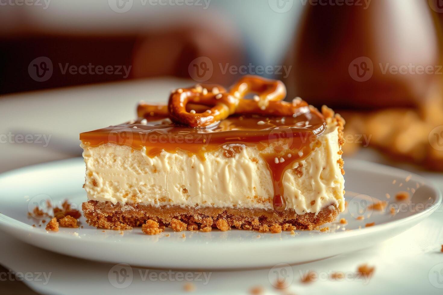 AI generated Salty Sweet Symphony, Delighting in Salted Caramel Pretzel Cheesecake. generative ai photo