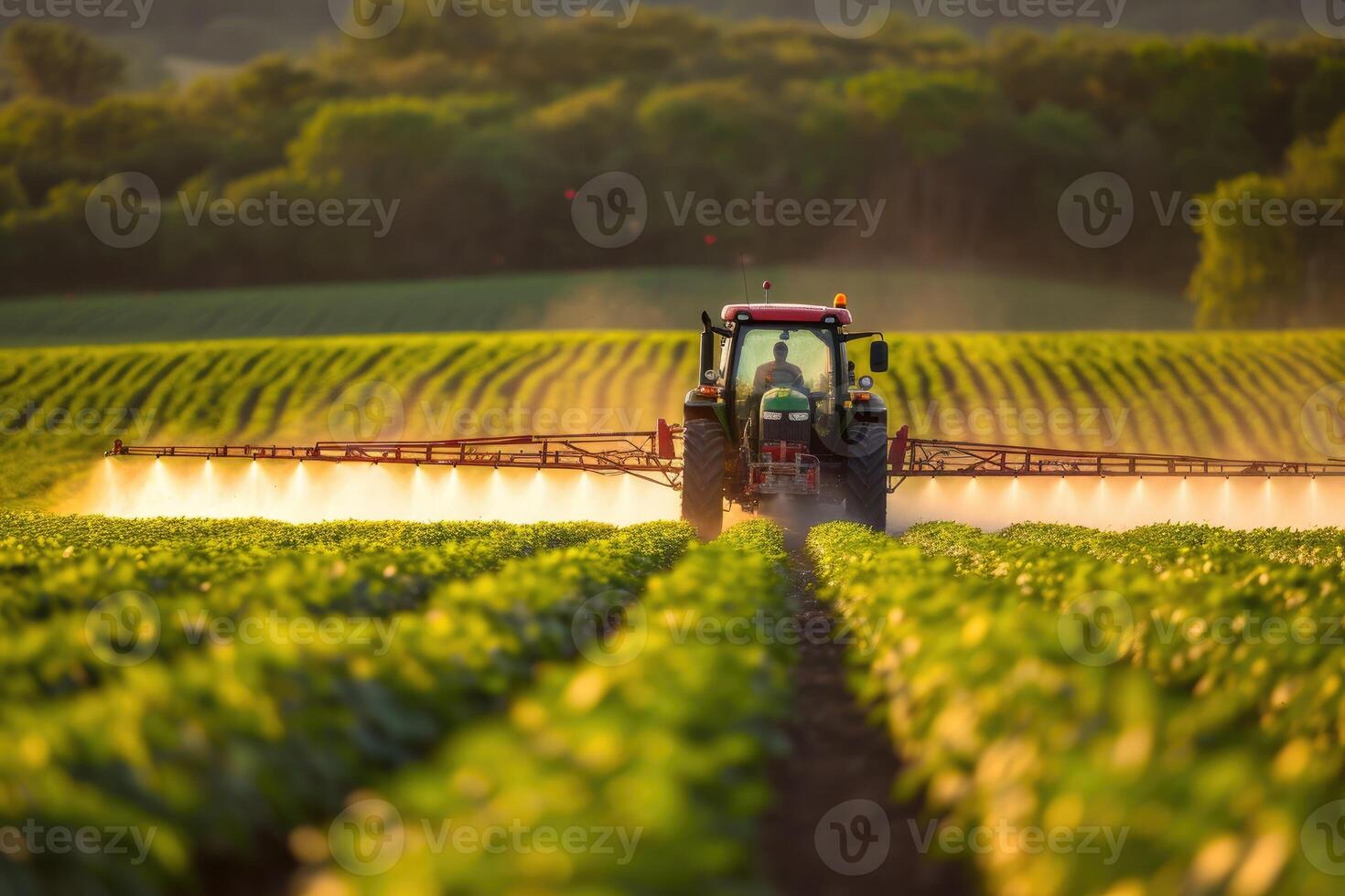AI generated Tractor Spraying Pesticides at Soy Bean Field. generative ai photo