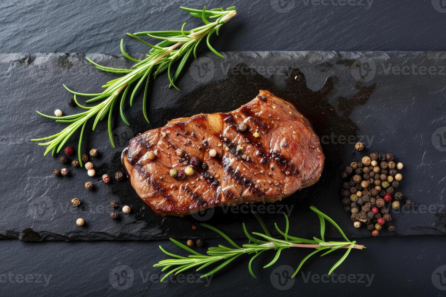 AI generated Roasted beef steak on dark stone background with rosemary herbs. Top view, generative ai photo