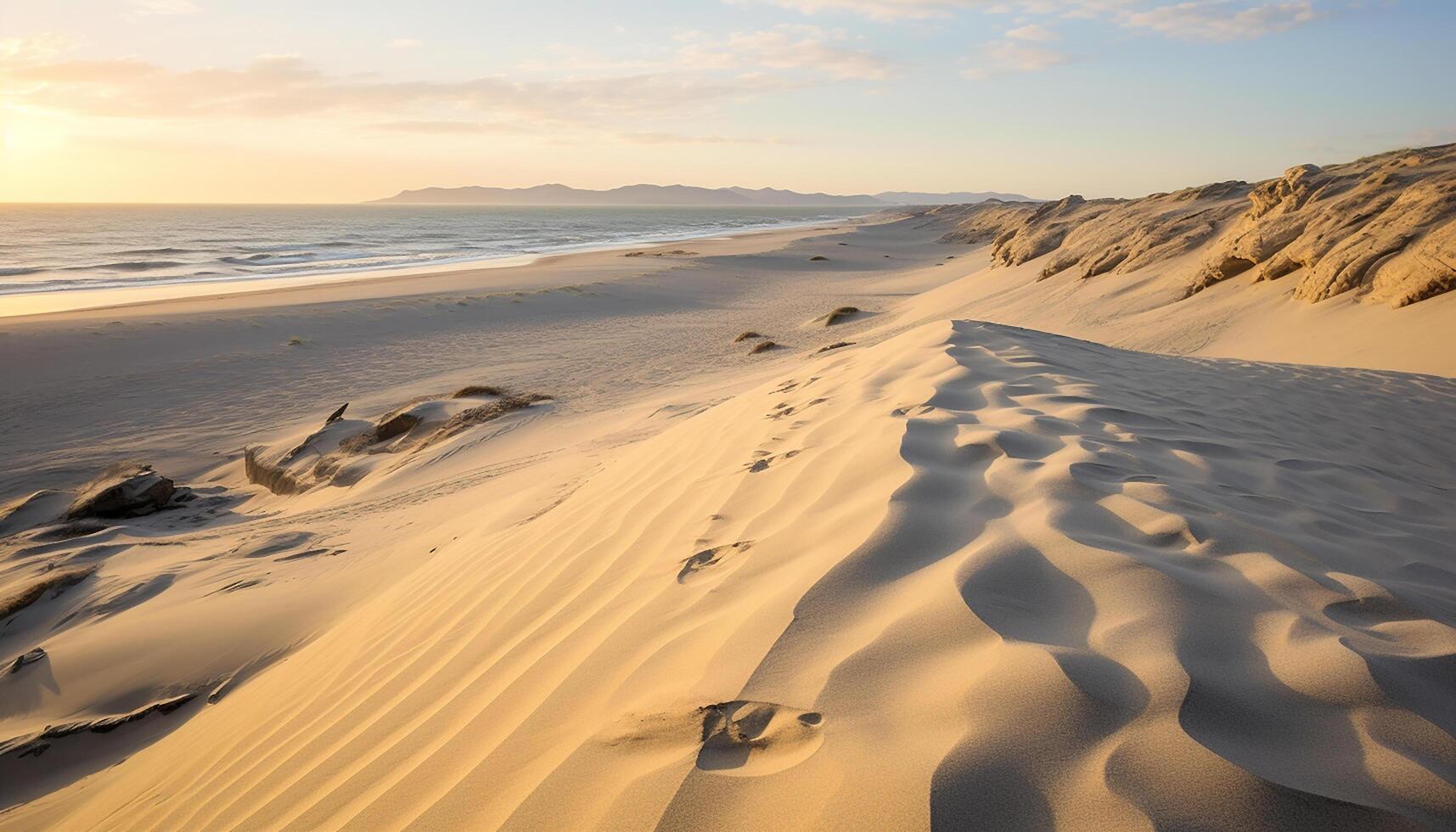 AI generated Tranquil sunset, remote dune, ripples in golden sand, serene beauty generated by AI photo