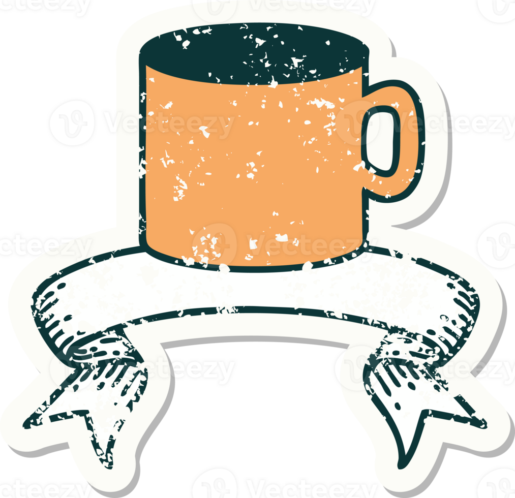 worn old sticker with banner of cup of coffee png