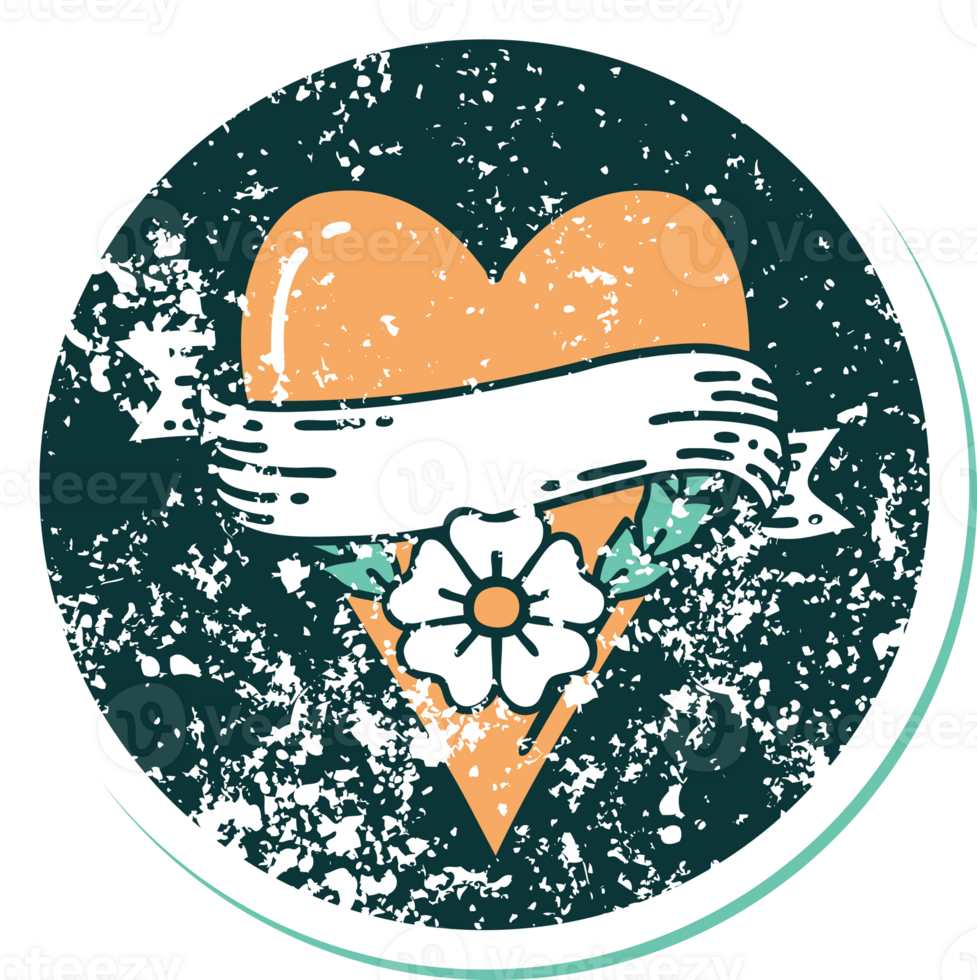 iconic distressed sticker tattoo style image of a heart flower and banner png