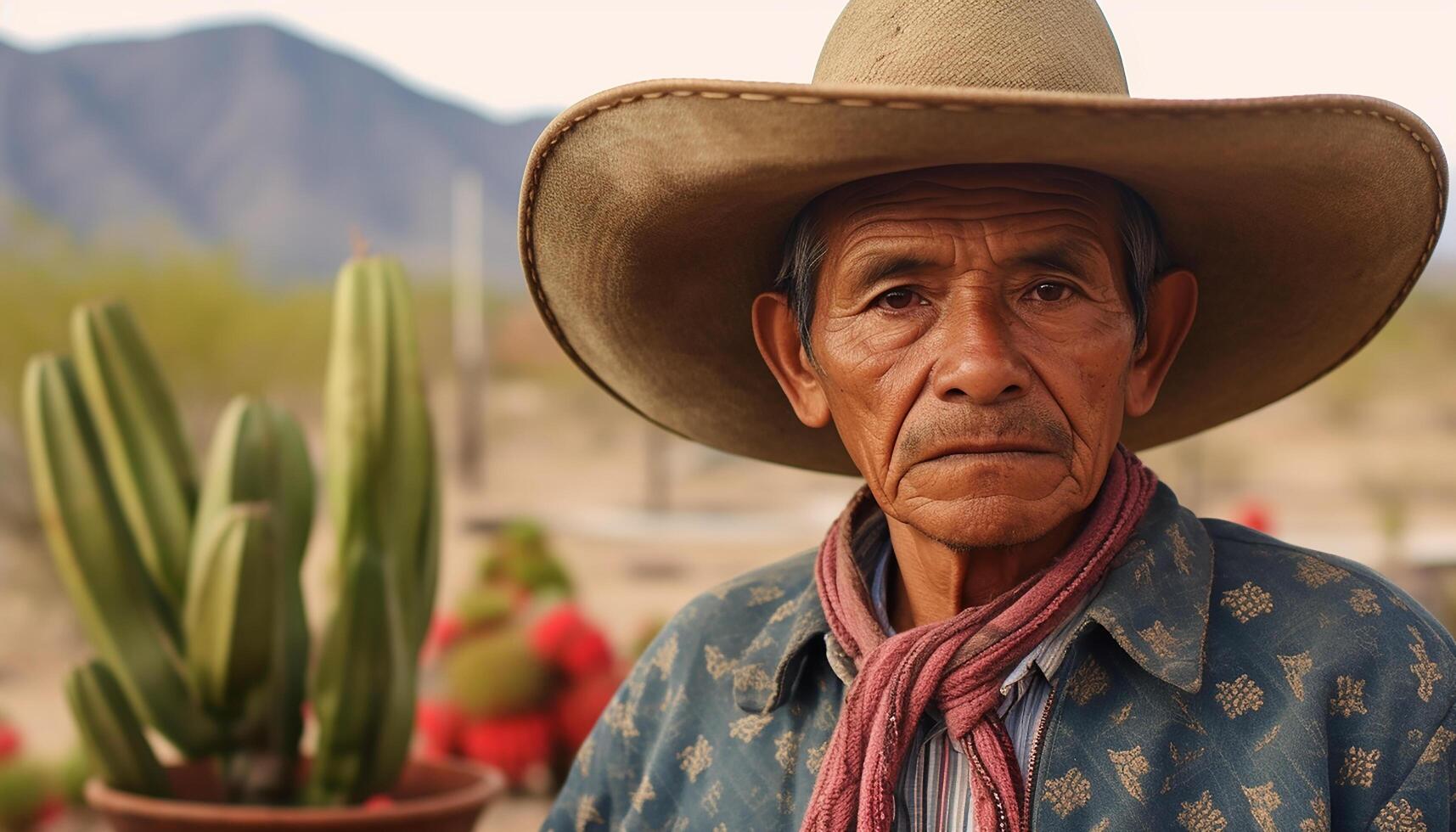 AI generated Smiling senior farmer in traditional clothing, outdoors on a farm generated by AI photo