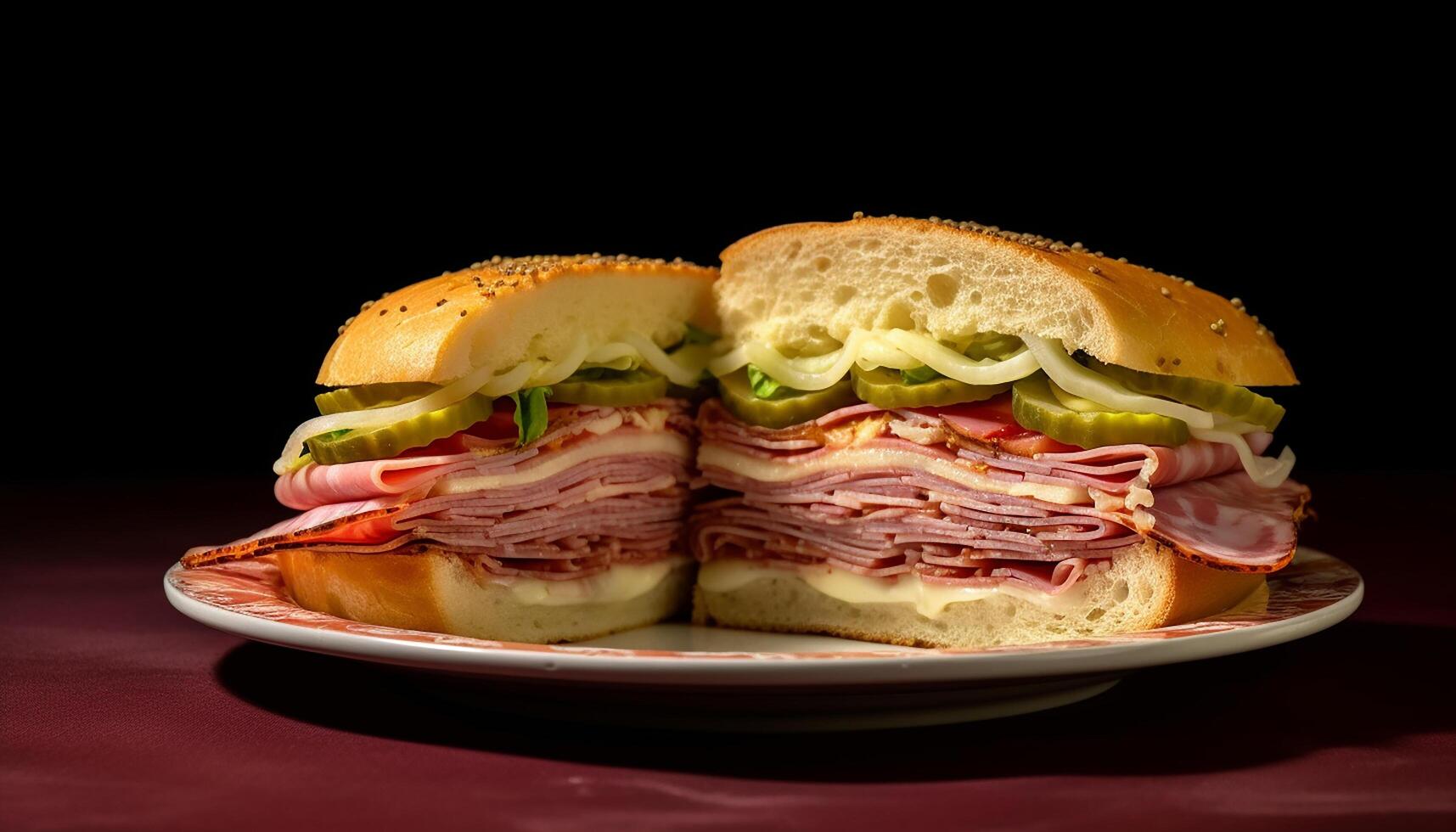 ai generado frescura en plato gastrónomo sándwich, A la parrilla carne, sano vegetales generado por ai foto