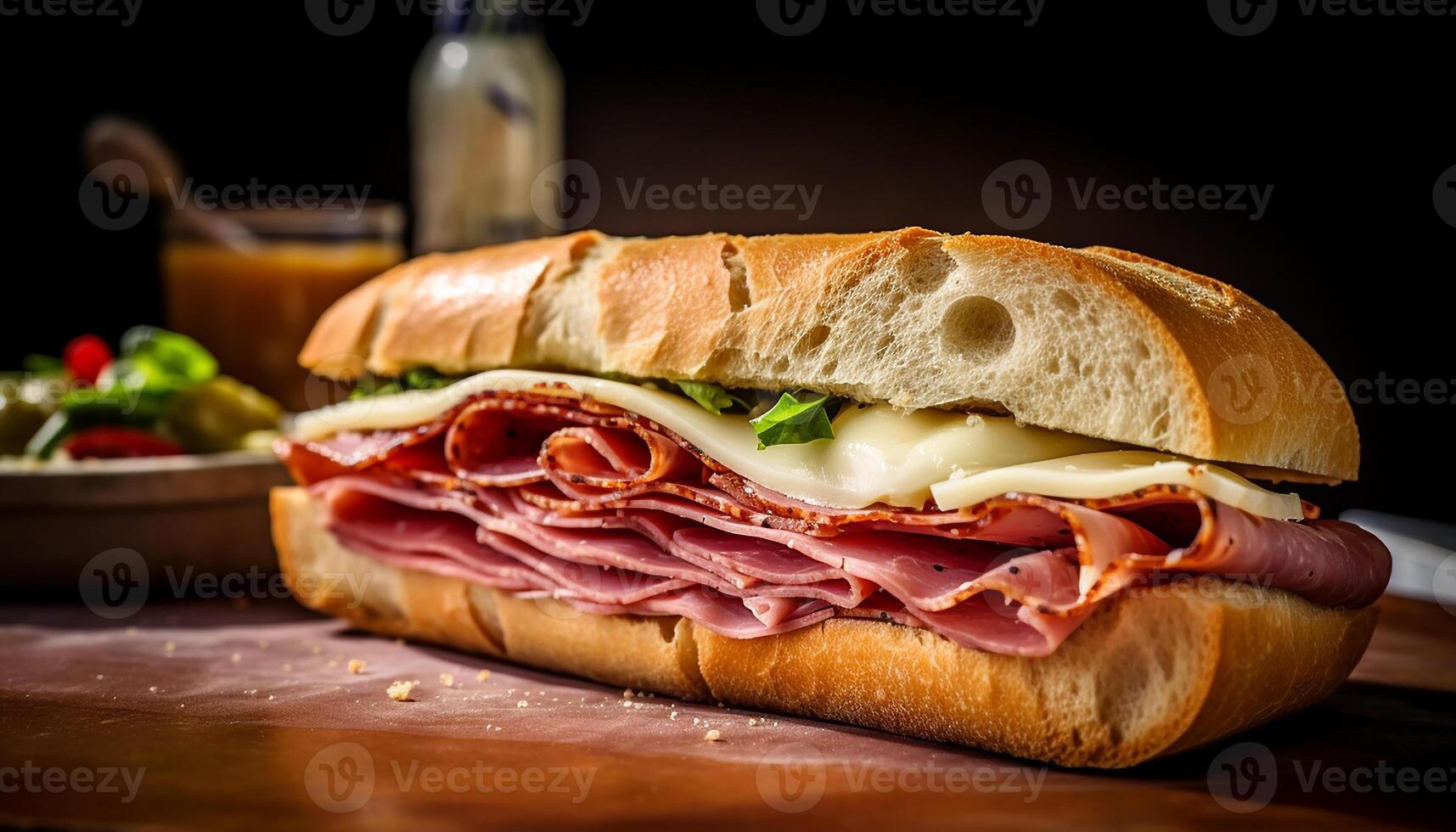 ai generado frescura y gastrónomo comida A la parrilla Cerdo en ciabatta emparedado generado por ai foto