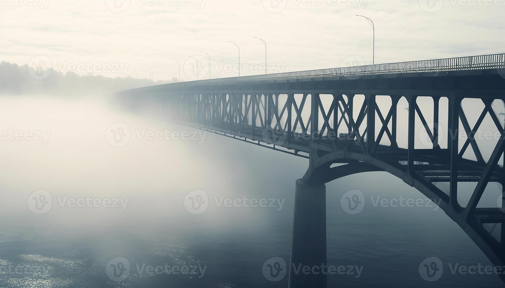 AI generated Vanishing point connects bridge to nature in tranquil, foggy landscape generated by AI photo