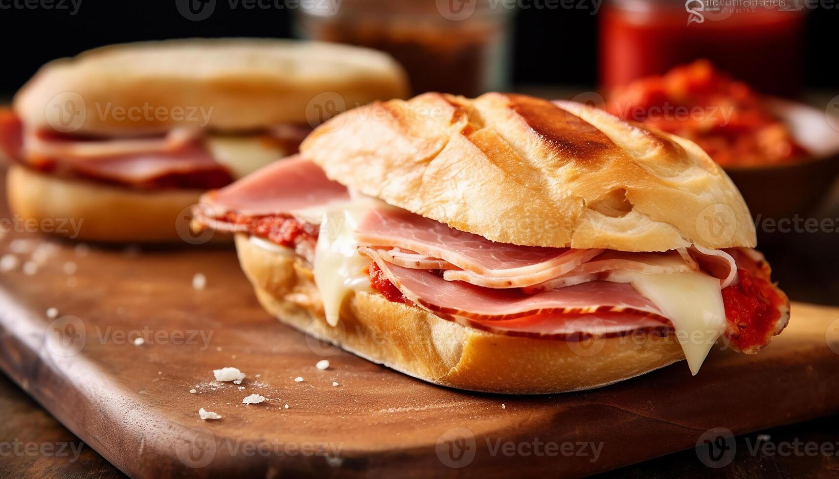 AI generated Grilled pork sandwich on rustic ciabatta, ready to eat, high angle view generated by AI photo