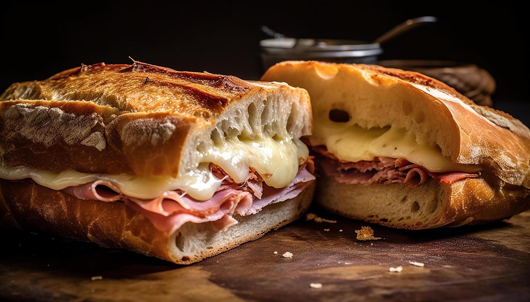 AI generated Grilled pork sandwich on ciabatta, fresh and melting with cheese generated by AI photo