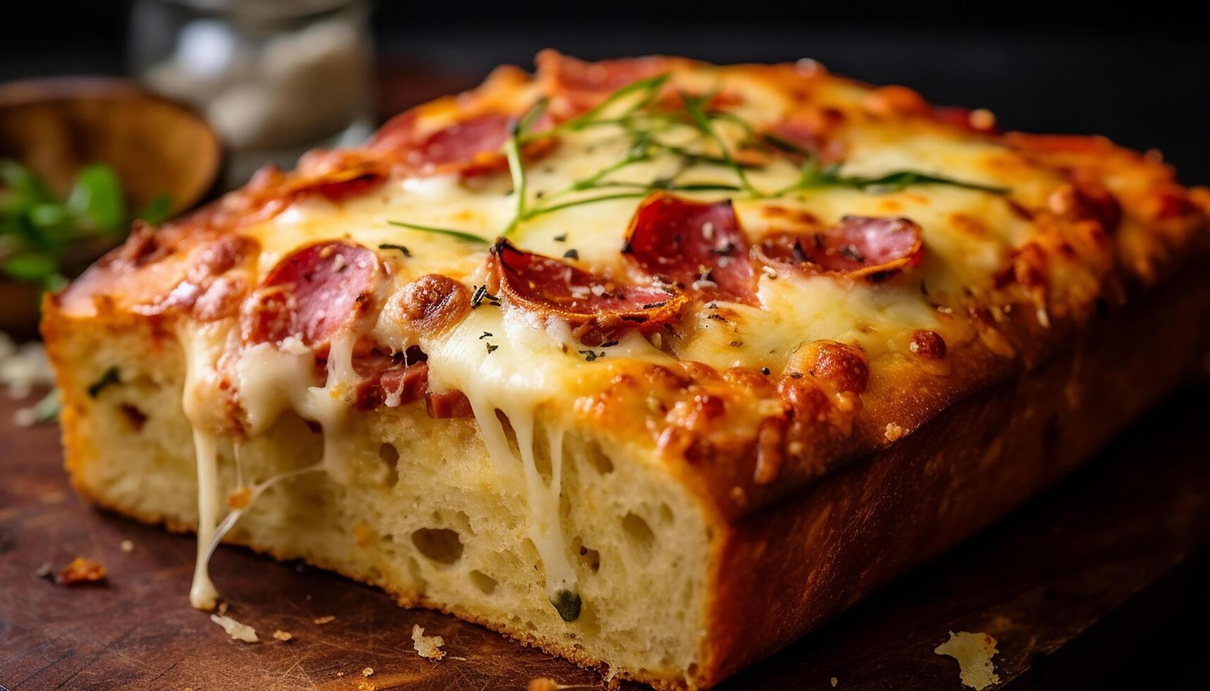 AI generated Freshly baked homemade lasagna on rustic wooden table generated by AI photo