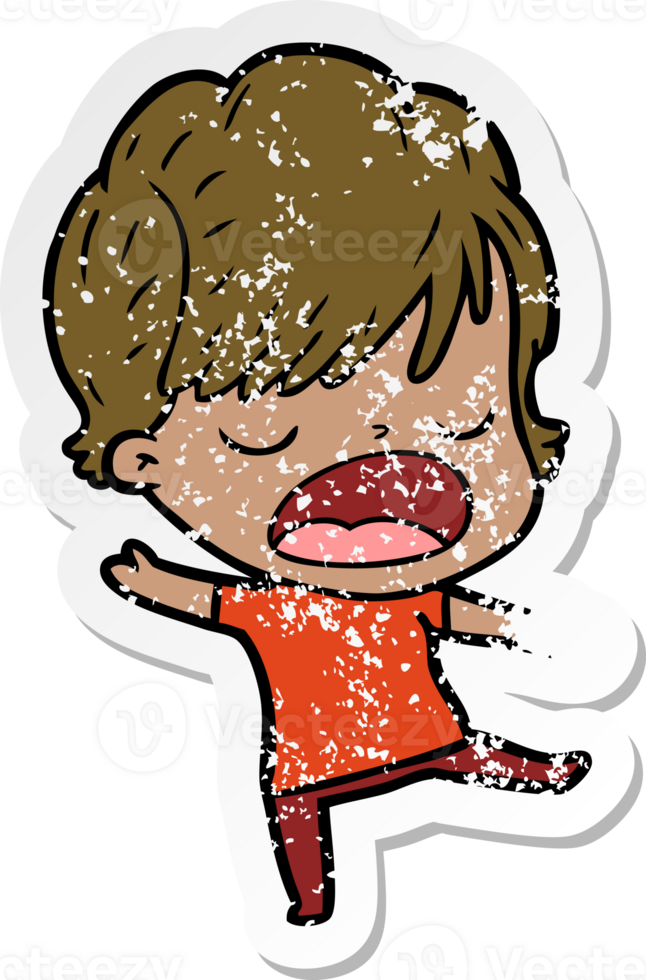 distressed sticker of a cartoon woman talking png