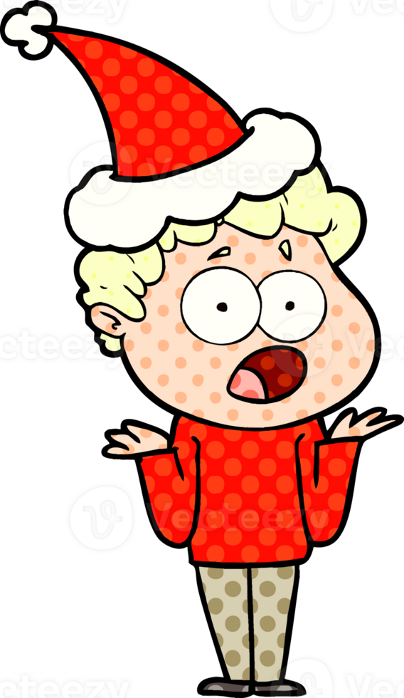 hand drawn comic book style illustration of a man gasping in surprise wearing santa hat png