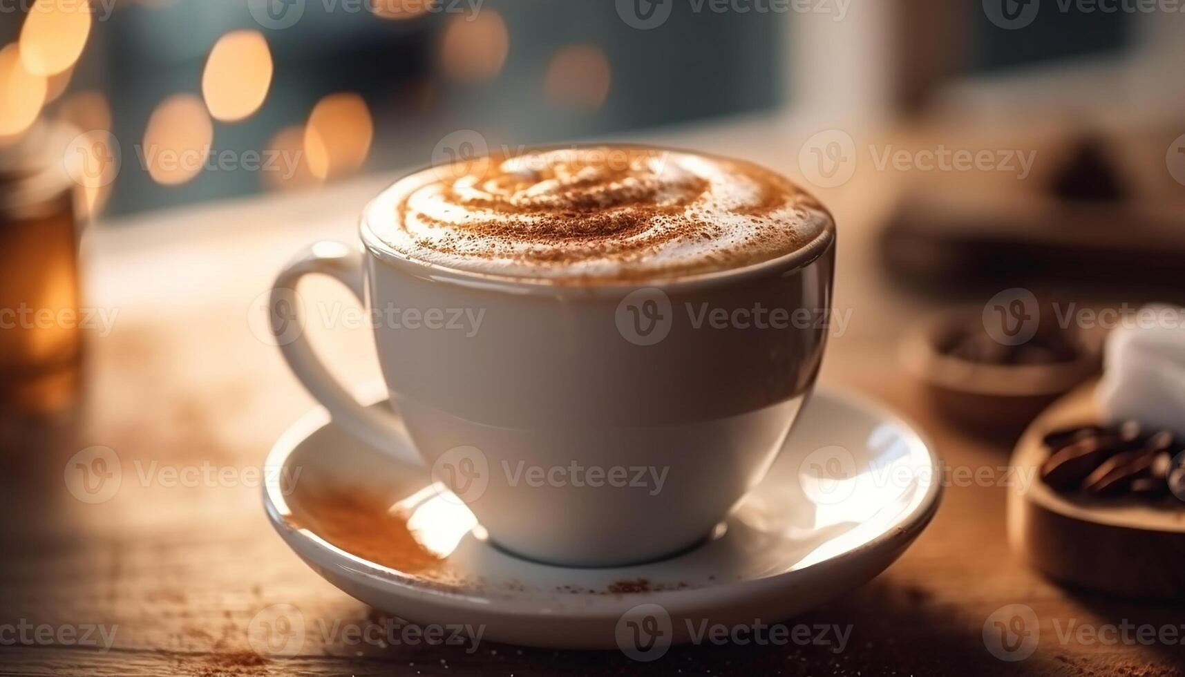AI generated Coffee cup on wooden table, frothy cappuccino with creamy foam generated by AI photo
