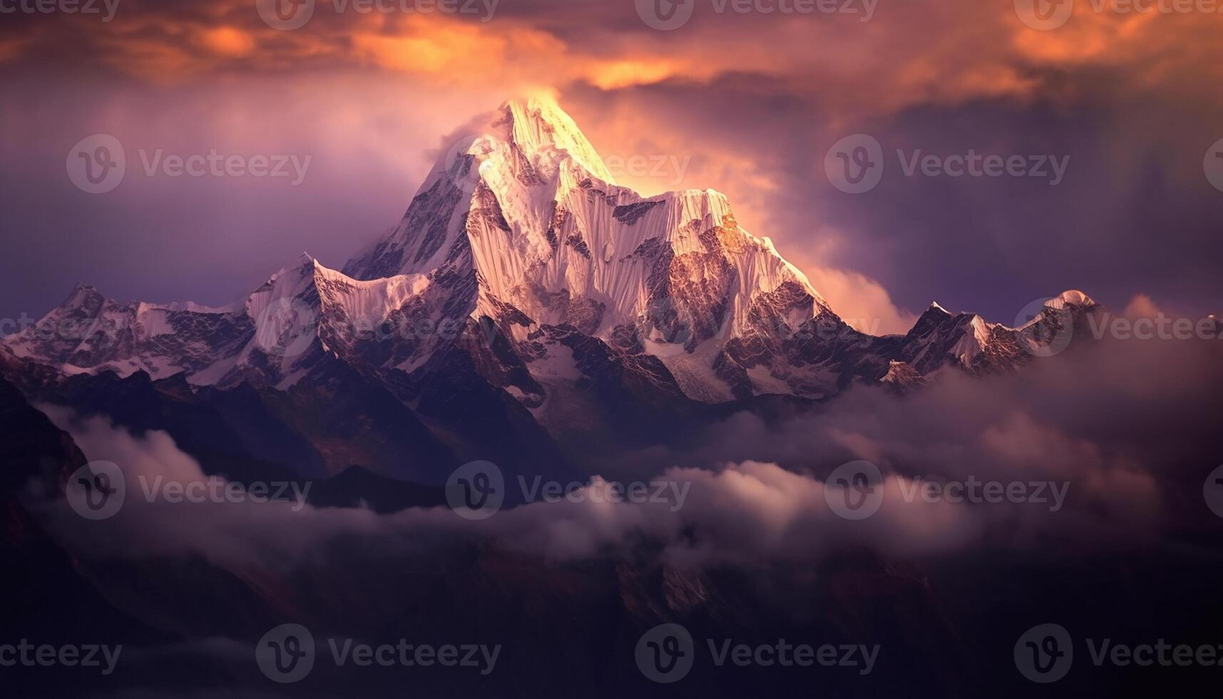 AI generated Majestic mountain peak, sky painted with dramatic sunset colors generated by AI photo