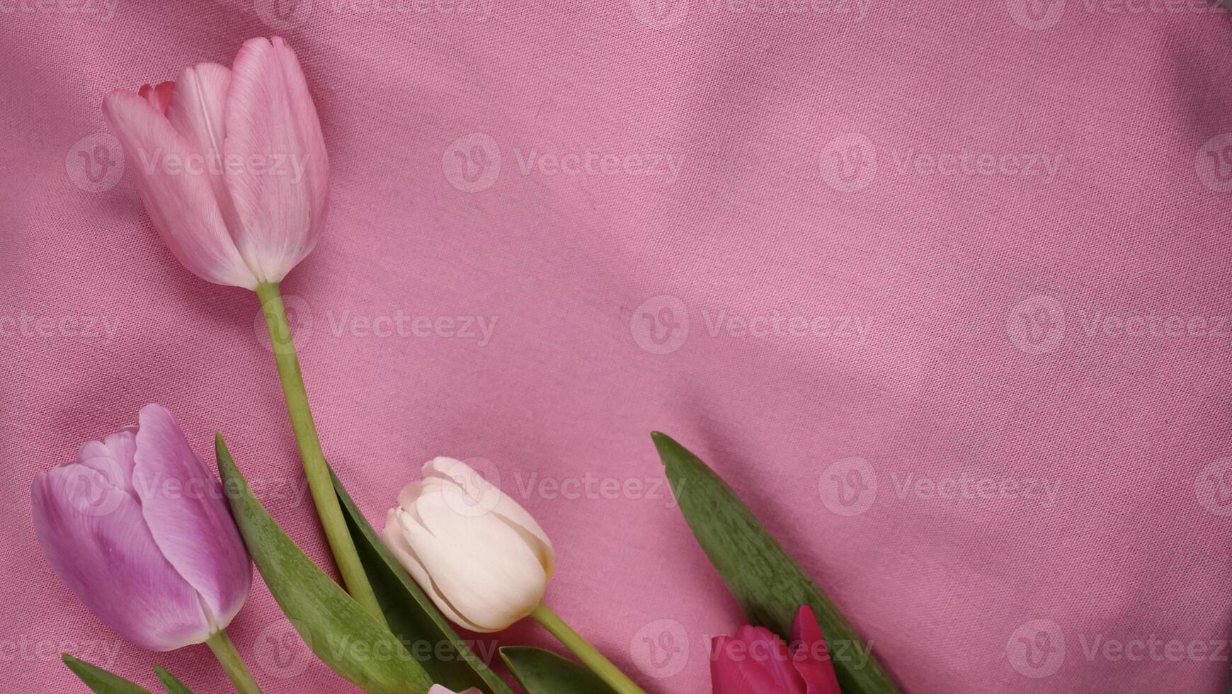 Romantic bouquet Pink tulip flowers on March 8 international women's day, mother's day with copy space for paste text. Close up, top view photo