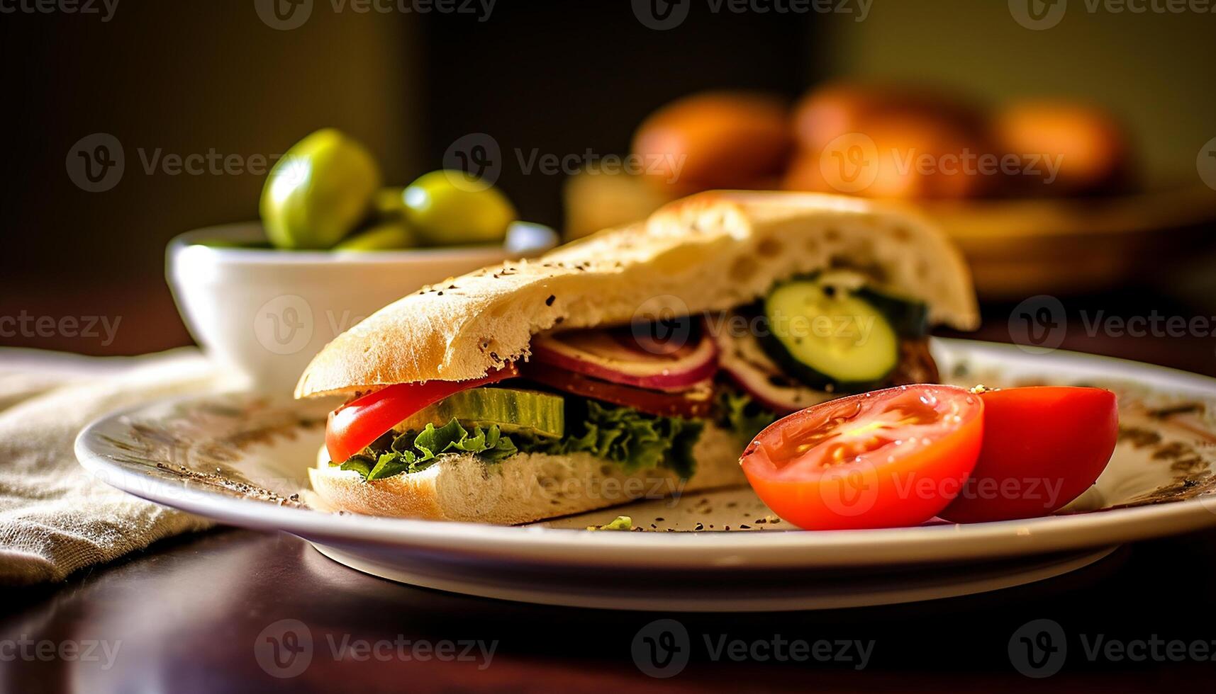 AI generated Freshness on plate tomato, bread, salad, grilled meat, healthy eating generated by AI photo