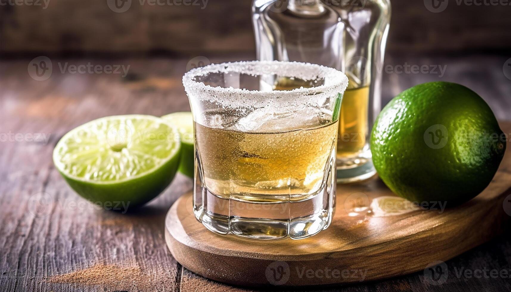 AI generated Fresh lime slice on wooden table, refreshing citrus cocktail generated by AI photo