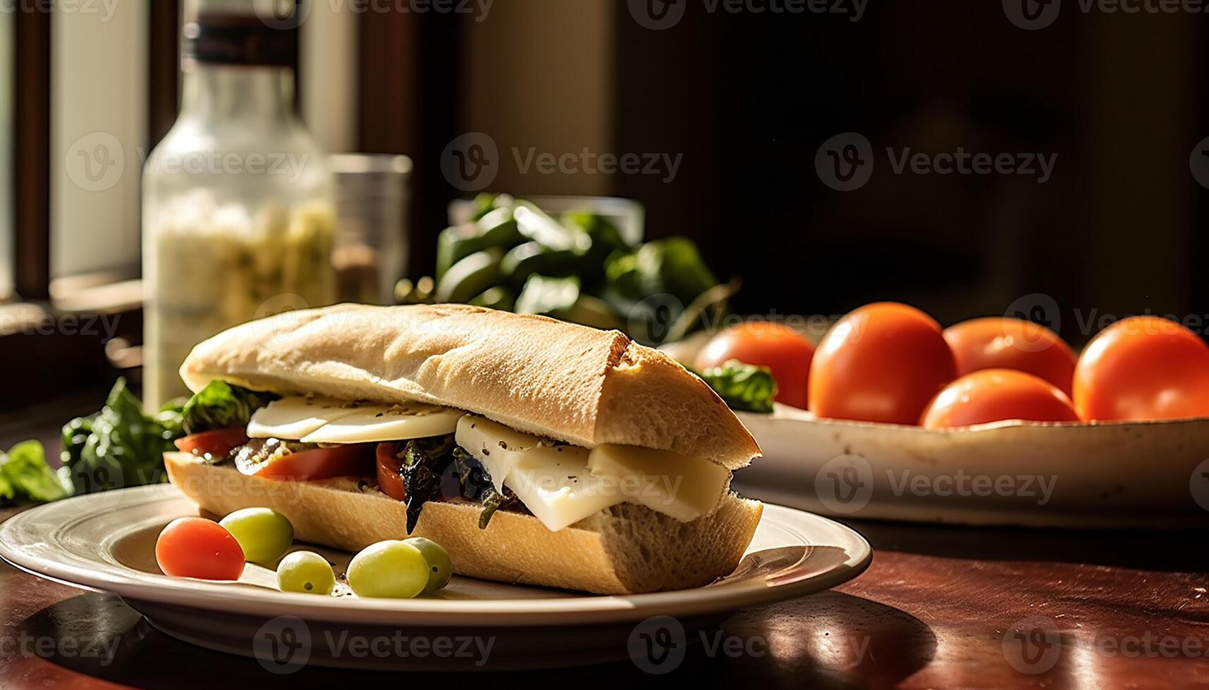 ai generado Fresco gastrónomo emparedado con A la parrilla carne, verduras, y queso Mozzarella en ciabatta generado por ai foto